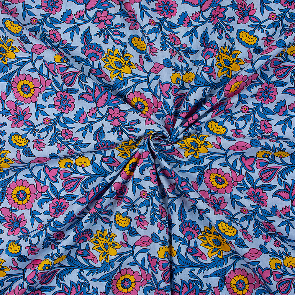Premium Quality Blue Floral Hand Block Printed Cotton Fabric