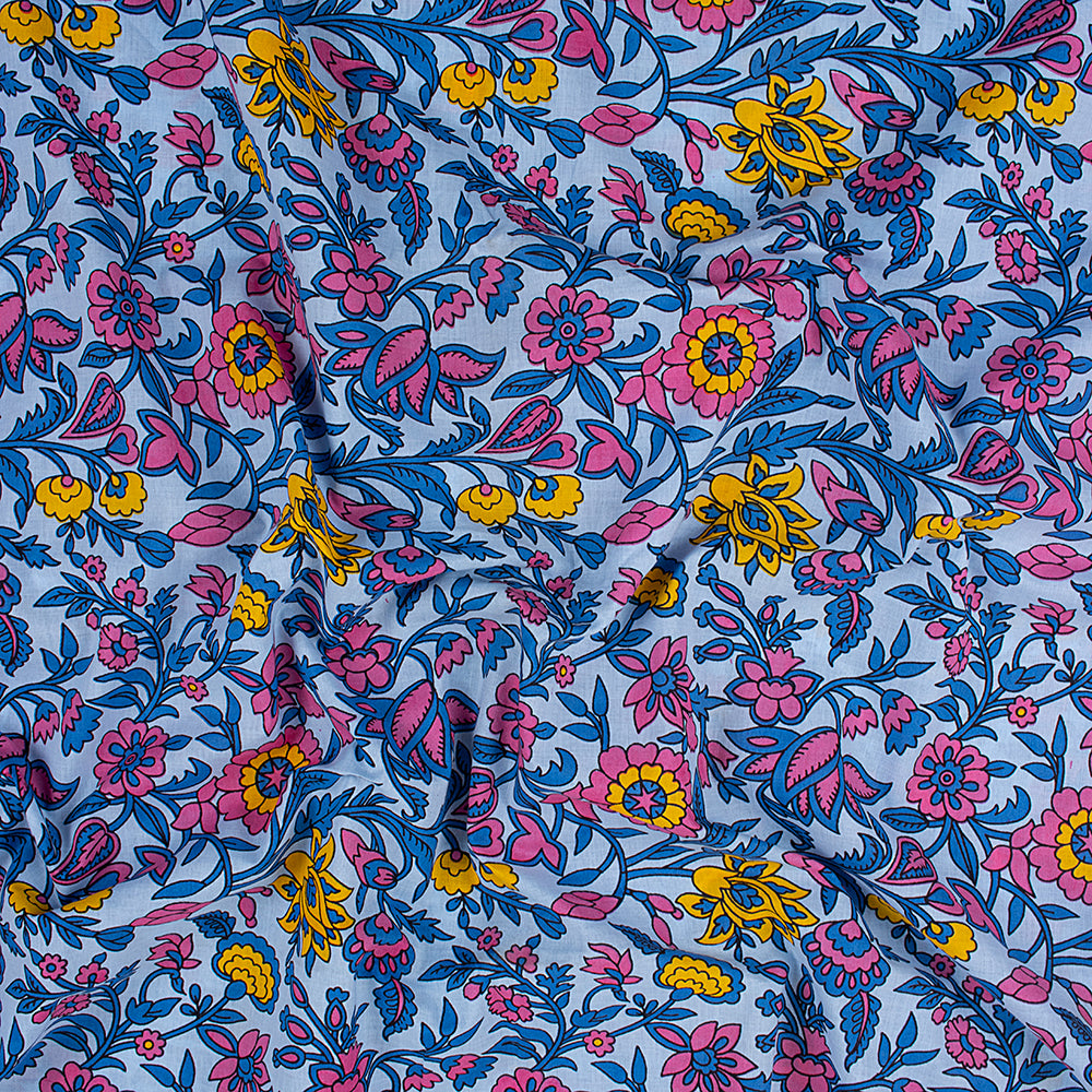 Premium Quality Blue Floral Hand Block Printed Cotton Fabric