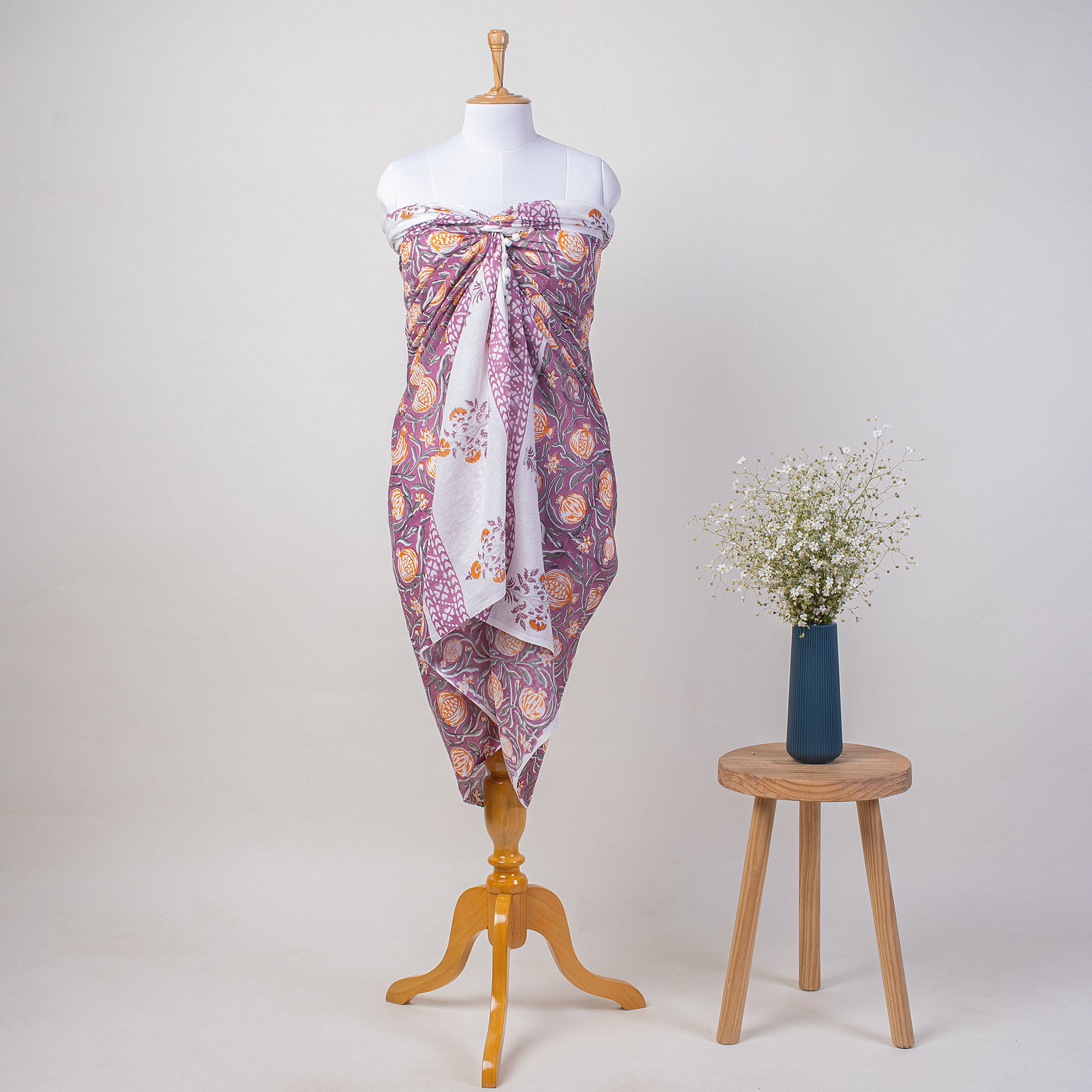 Purple Fruit Hand Block Print Cotton Beach Sarong Wrap for Women
