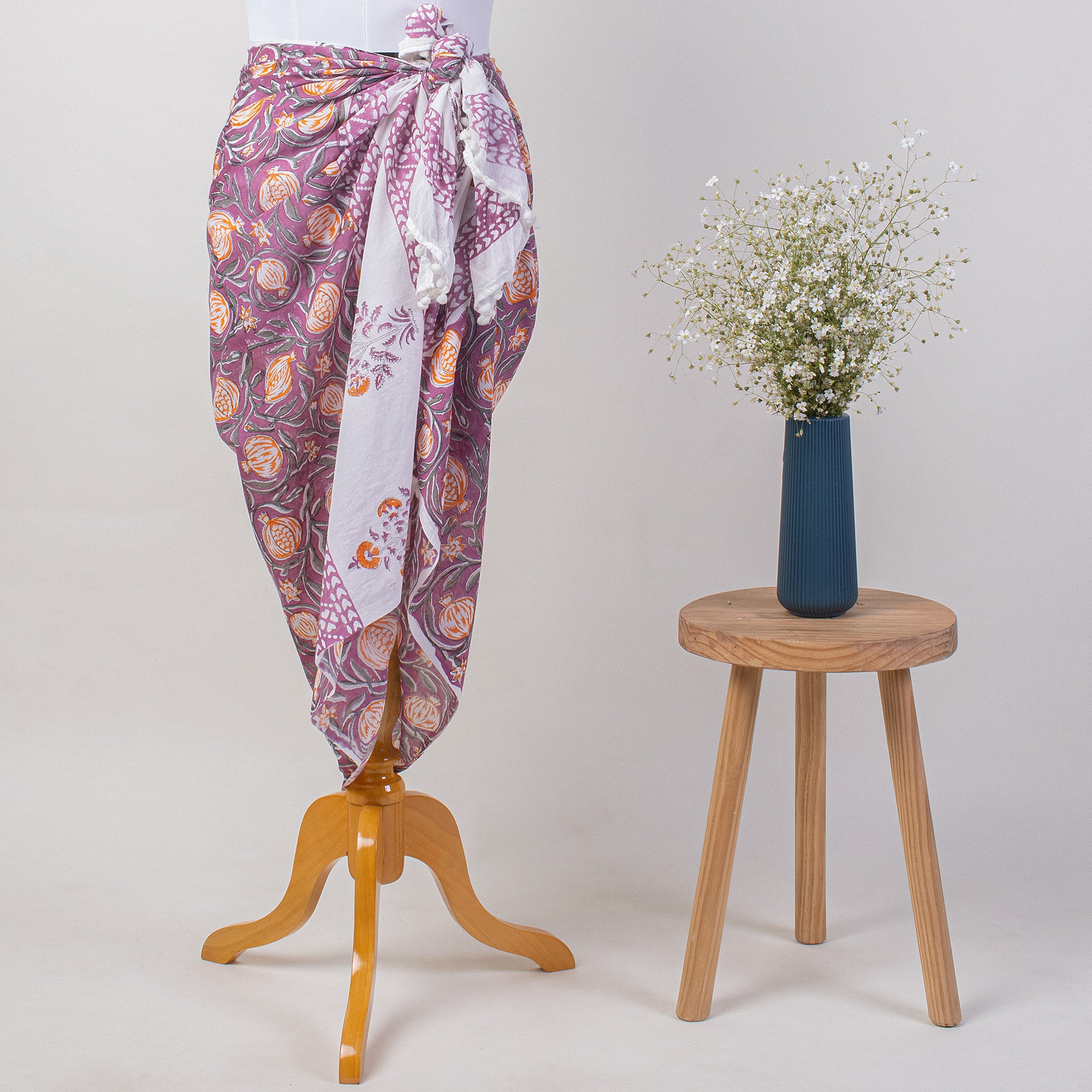 Purple Fruit Hand Block Print Cotton Beach Sarong Wrap for Women