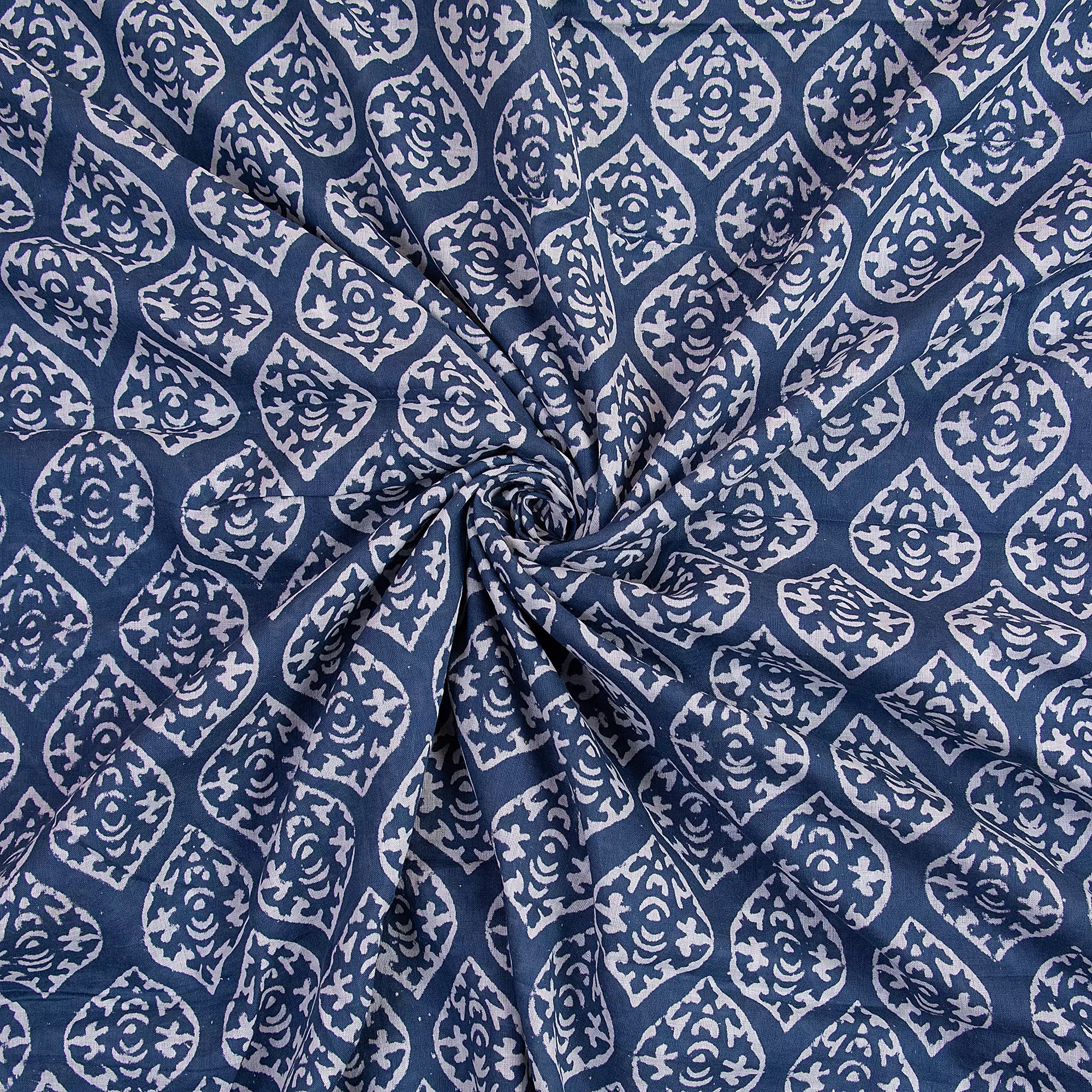 Indigo Blue Printed Pure Cotton Discharge Fabric