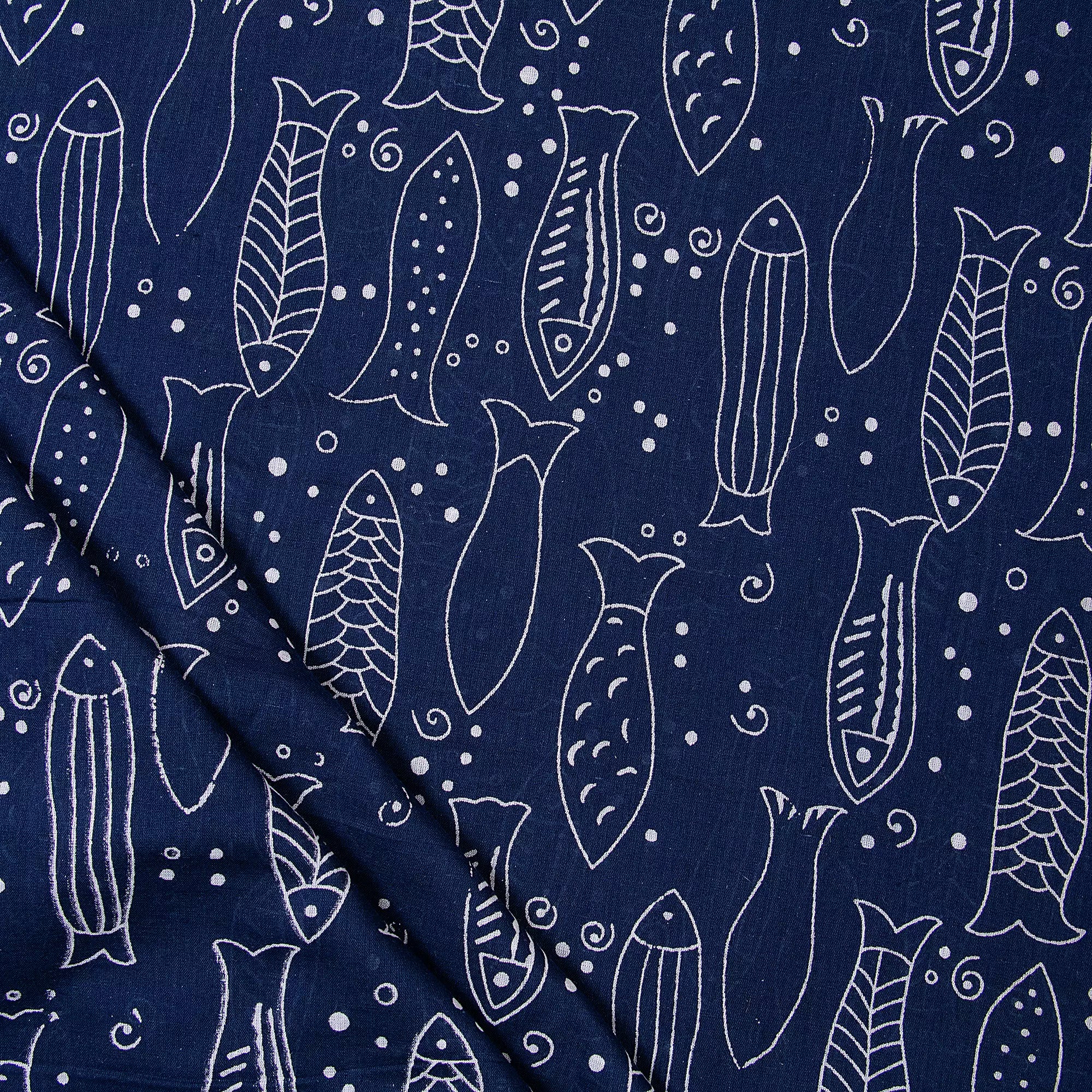 Indigo Blue Hand Block Fish Printed Discharge Fabric