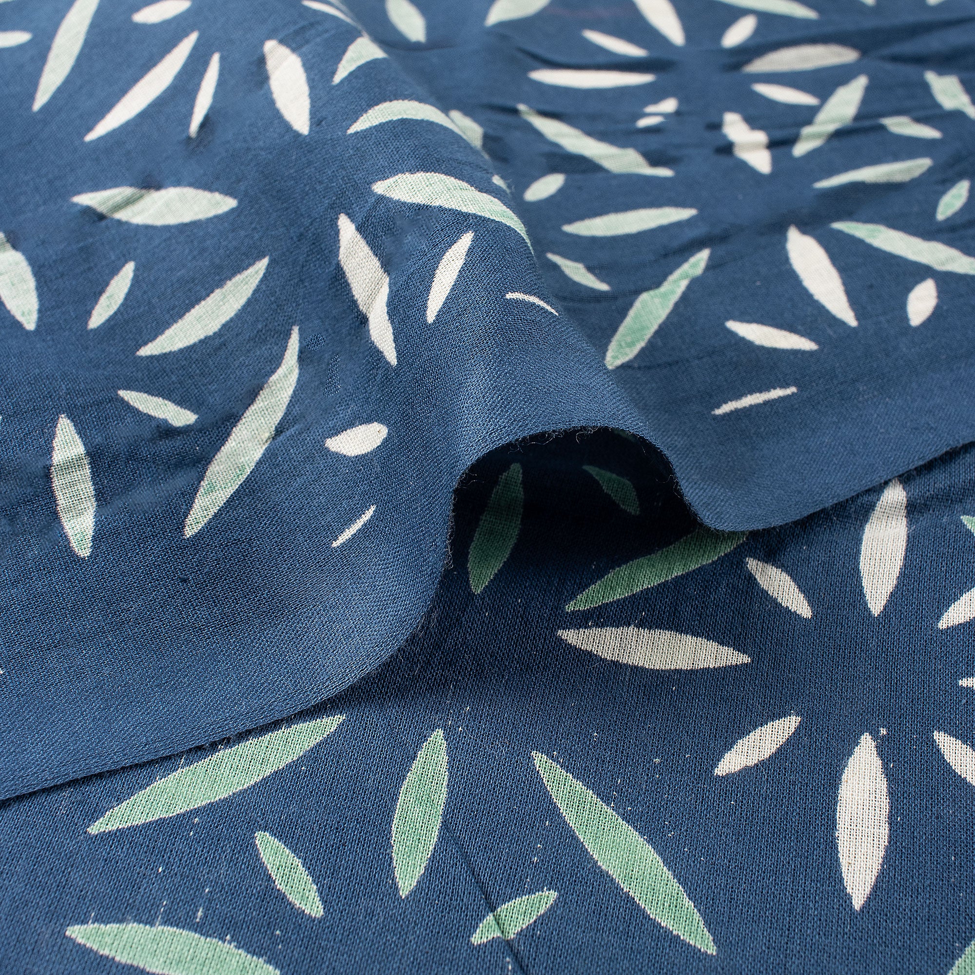 Blue Discharge Hand Block Printed Cotton Fabric by Yard