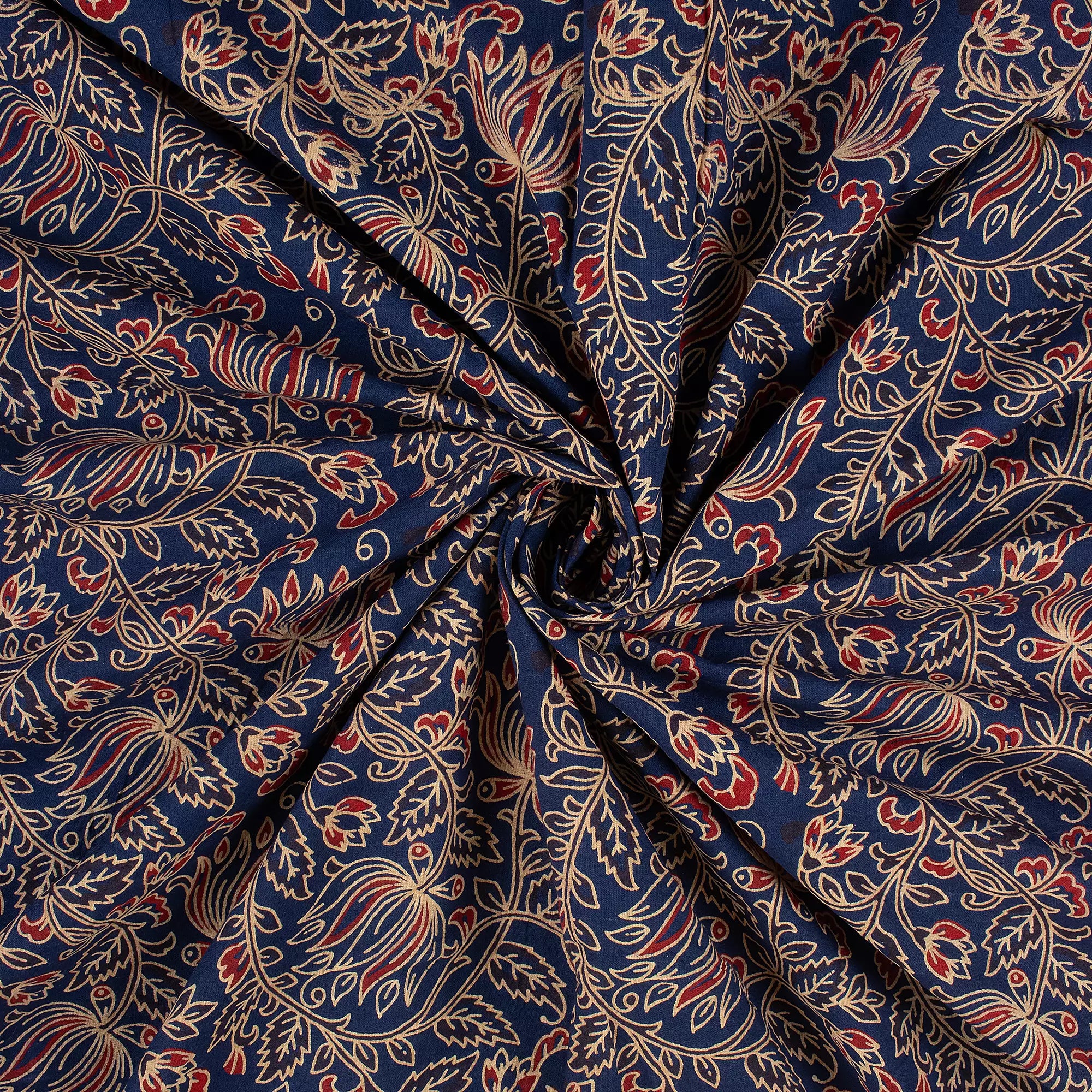 Indian Ajrakh Blue Floral Cotton Fabric For Dress