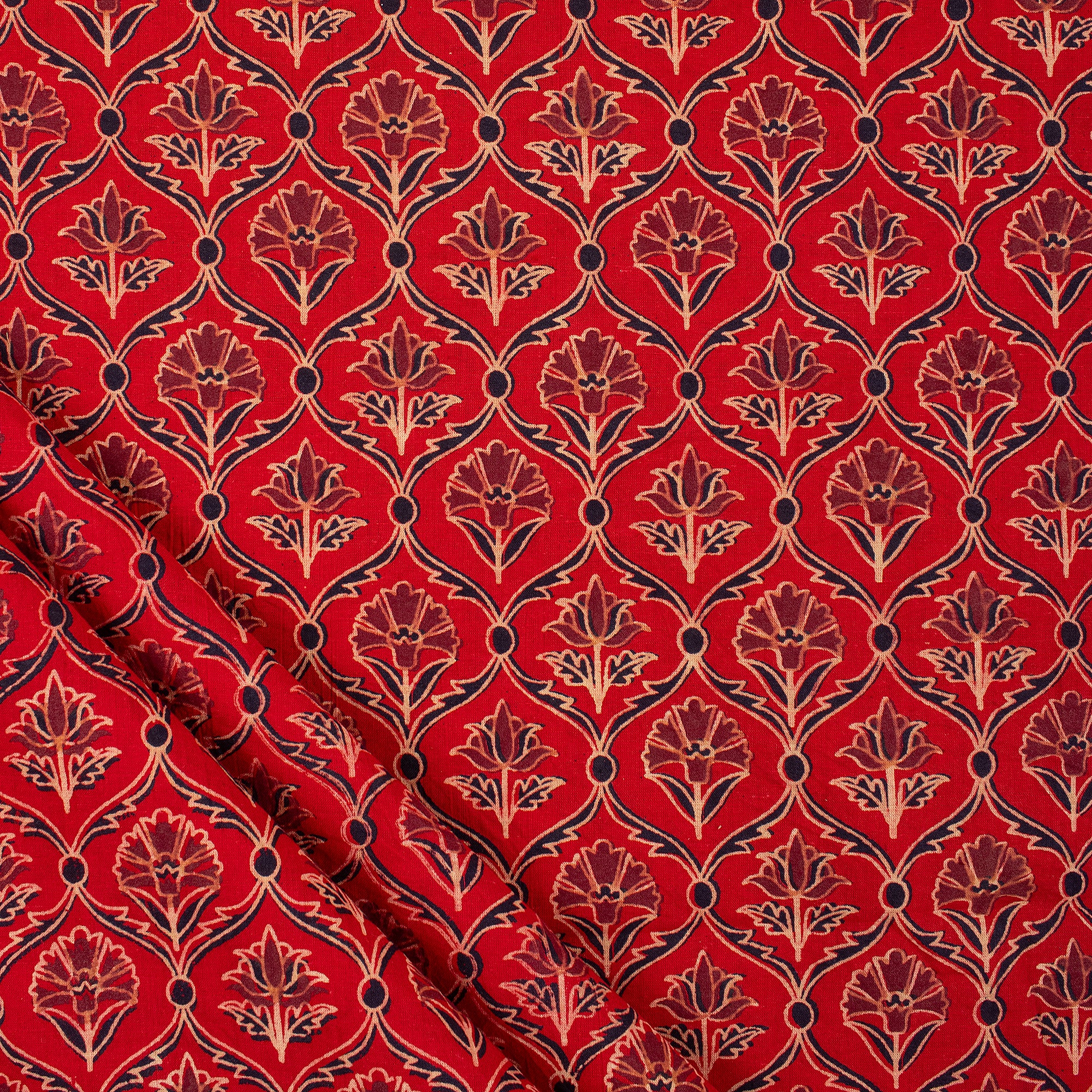 Indian Hand Block Ajrakh Floral Printed Fabric