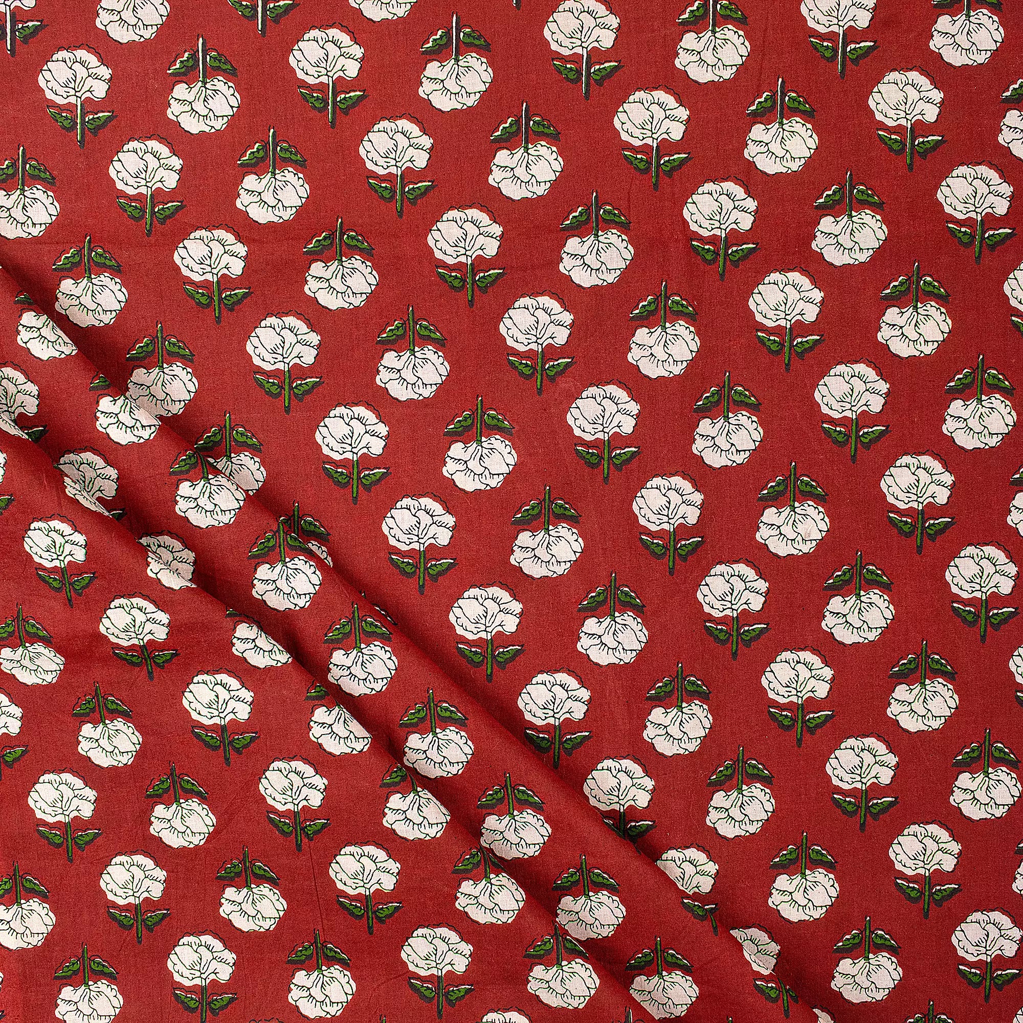 White Floral Hand Block Bagru Printed Fabric Online