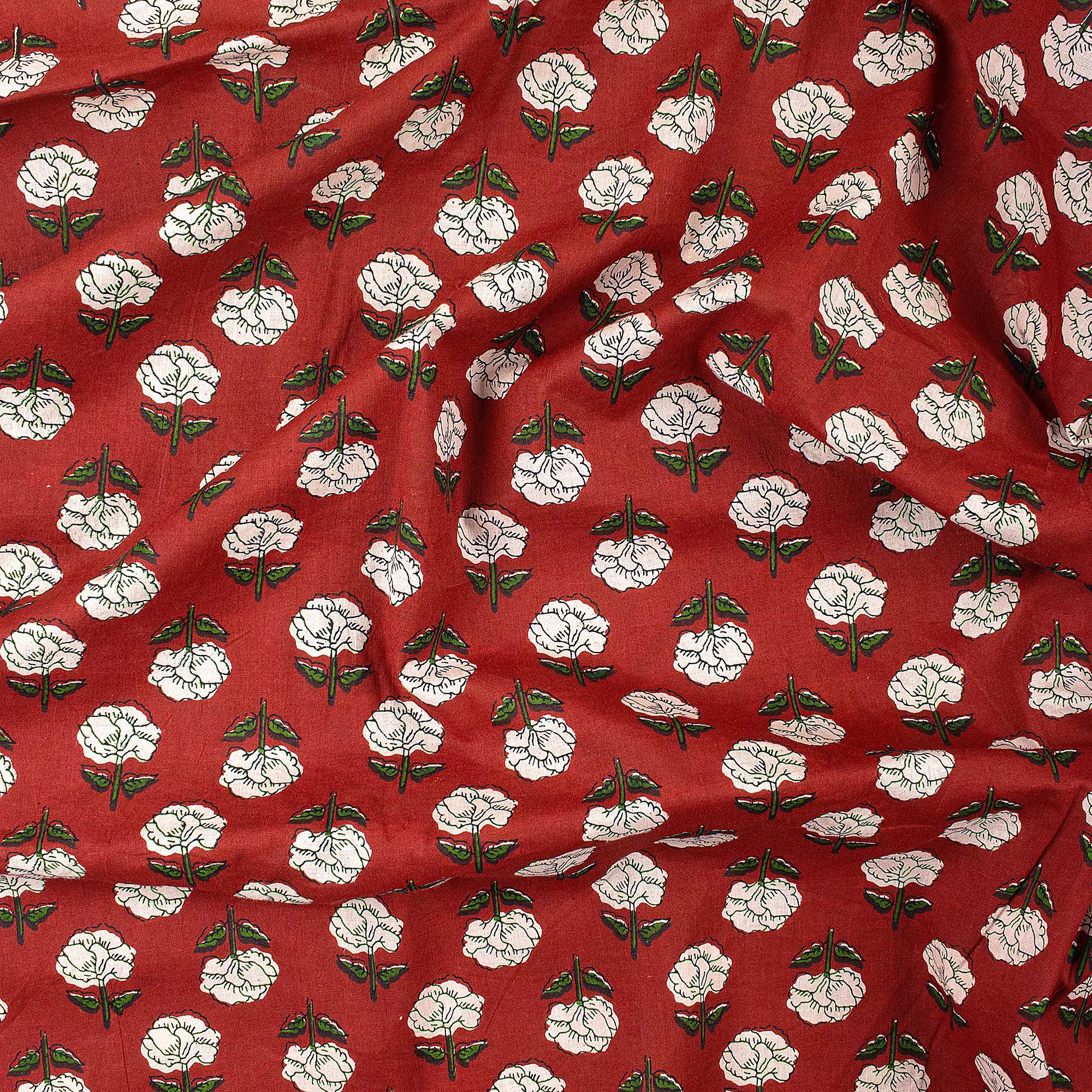 White Floral Hand Block Bagru Printed Fabric
