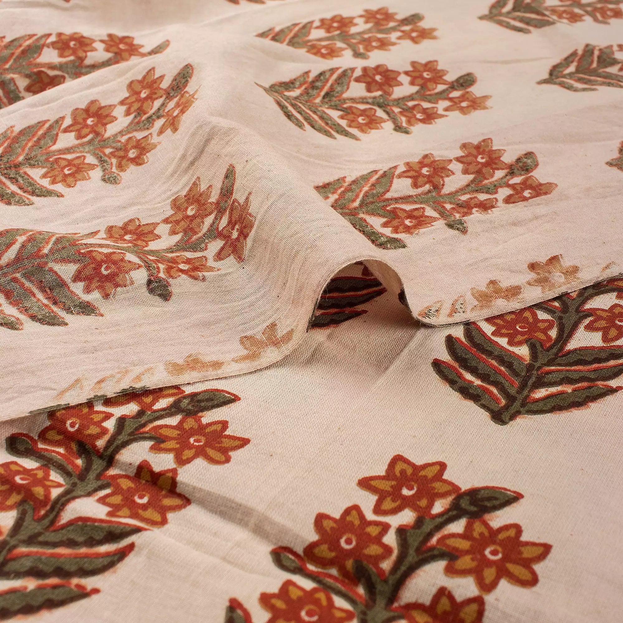 Brown Floral Hand Printed Cotton Bagru Fabric by Yard