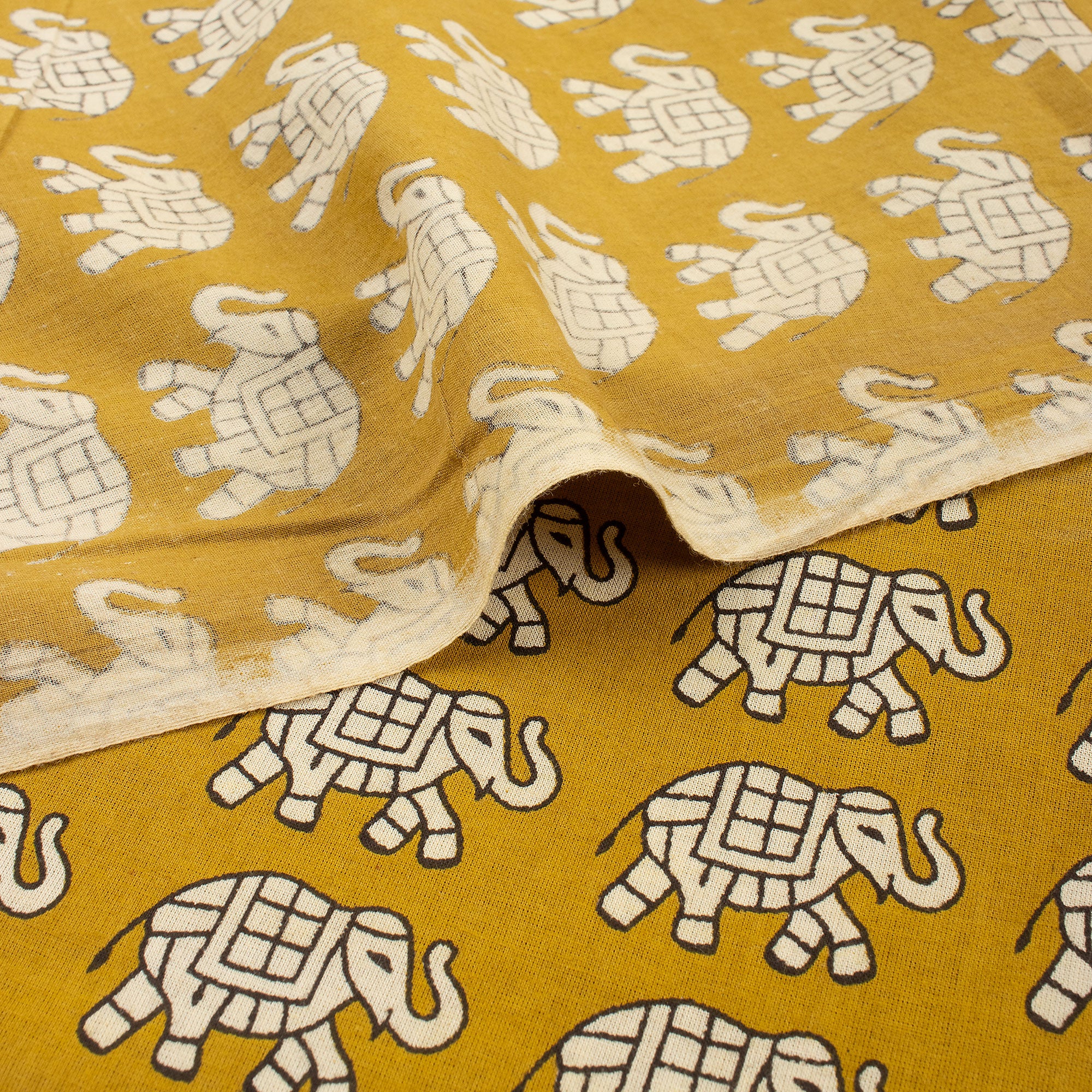 Yellow Elephant Hand Block Bagru Printed Fabric