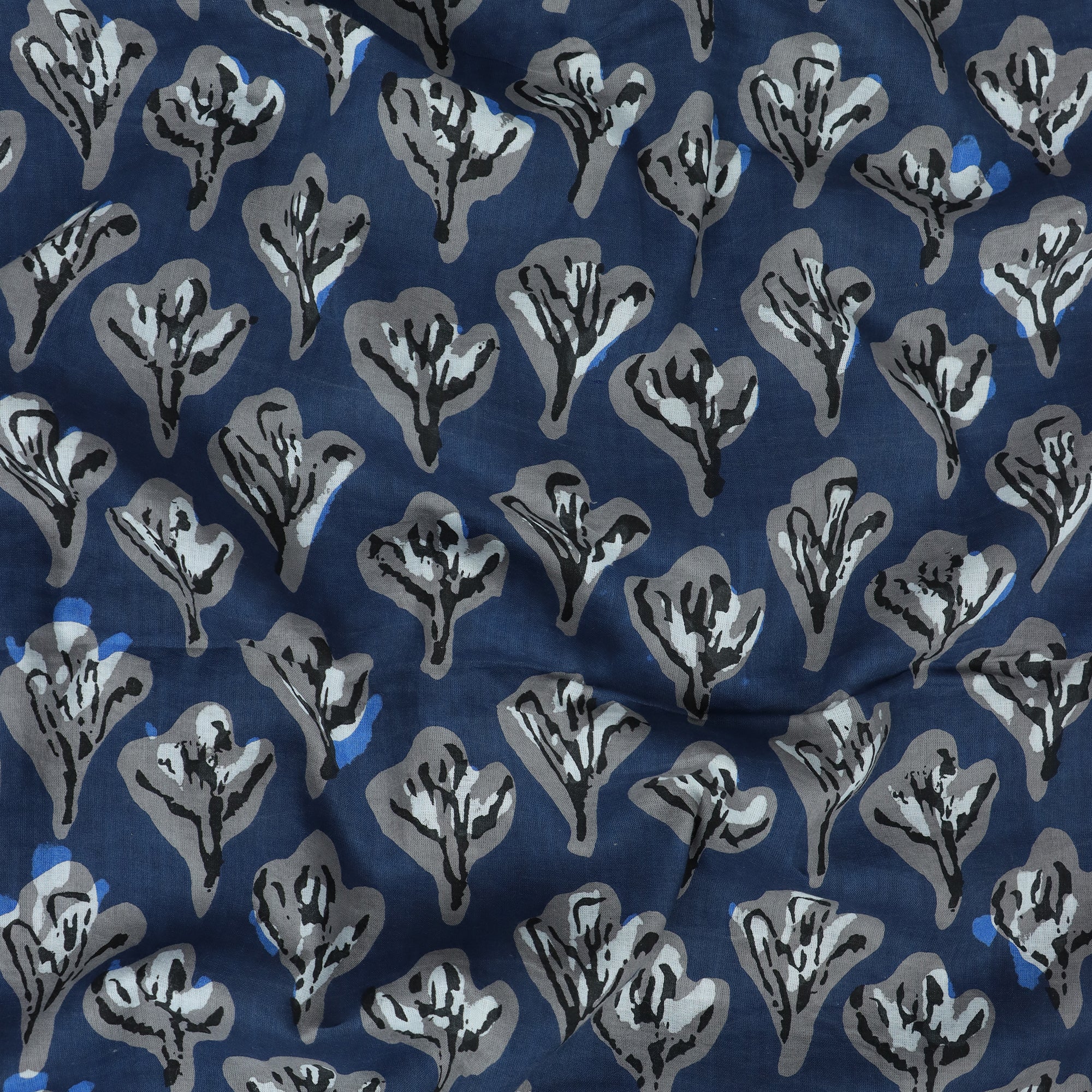 Blue Floral Indian Hand Print Pure Cotton Dabu Fabric for Garments