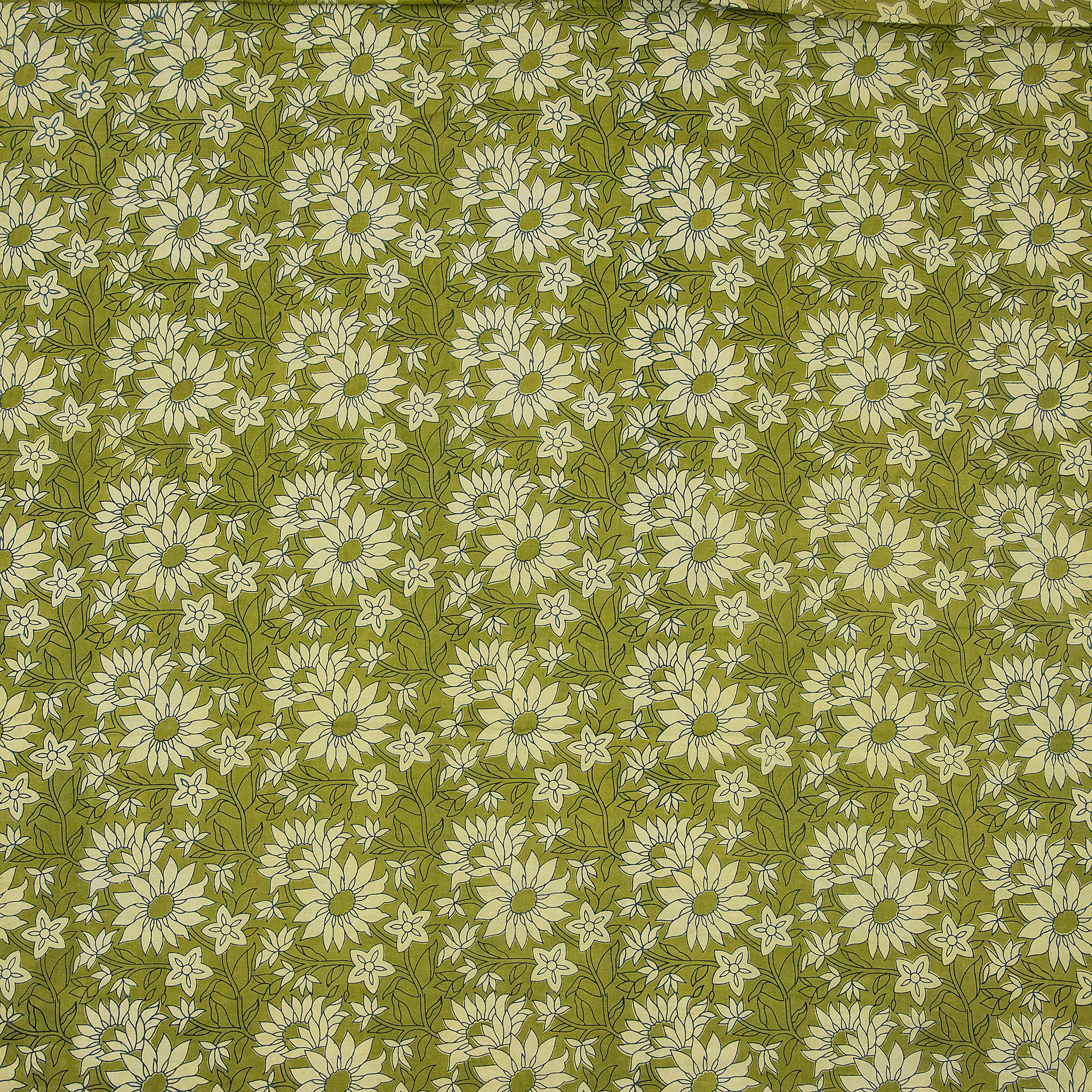 Green Floral Cotton Dabu Hand Block Print Fabric