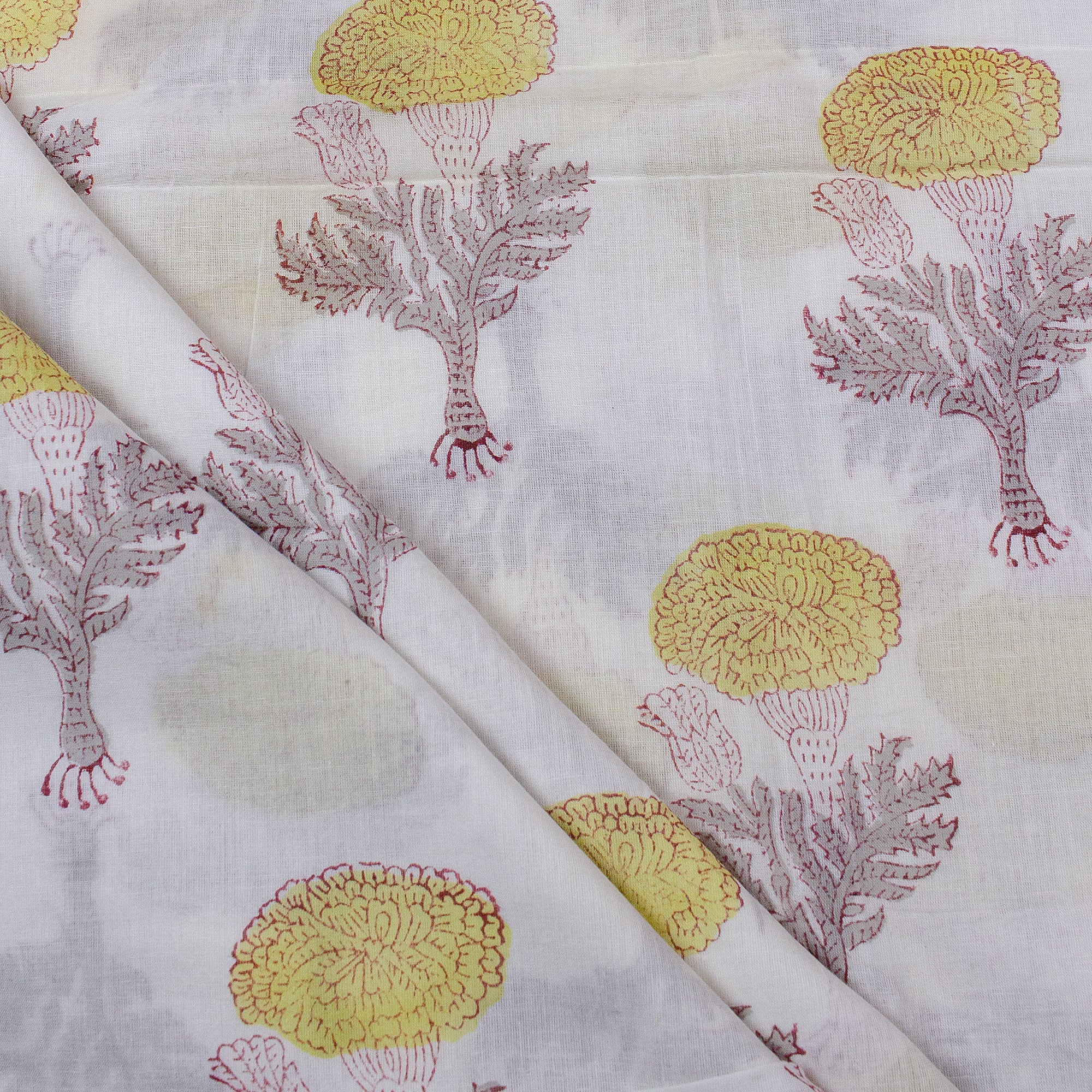 Yellow Floral Jaipuri Cotton Fabric