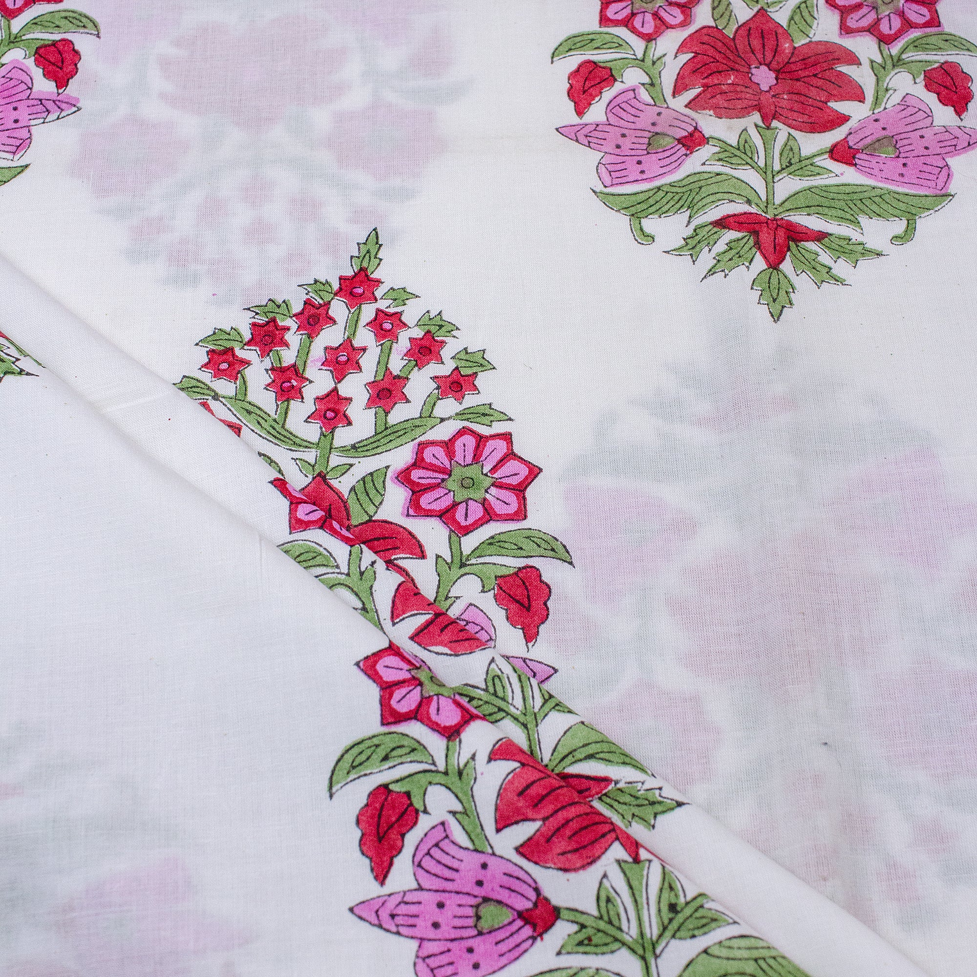 Red Pink Hand Block Flower Printed Cotton Fabric
