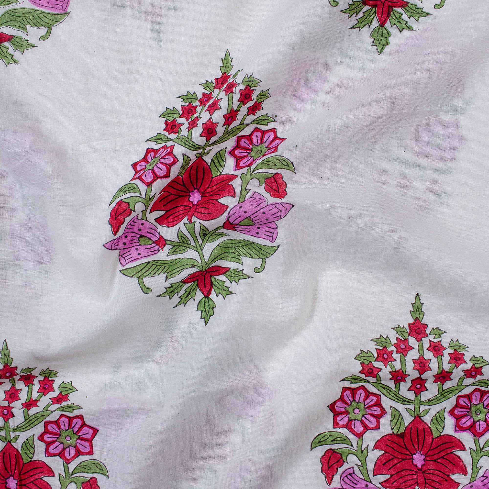 Red Pink Hand Block Flower Printed Cotton Fabric
