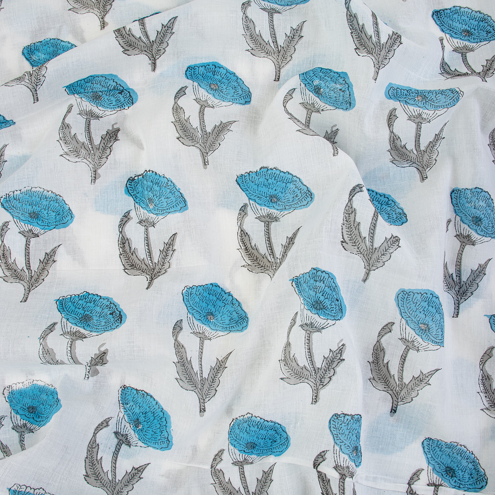 Sky Blue Floral Hand Block Soft Cotton Fabric