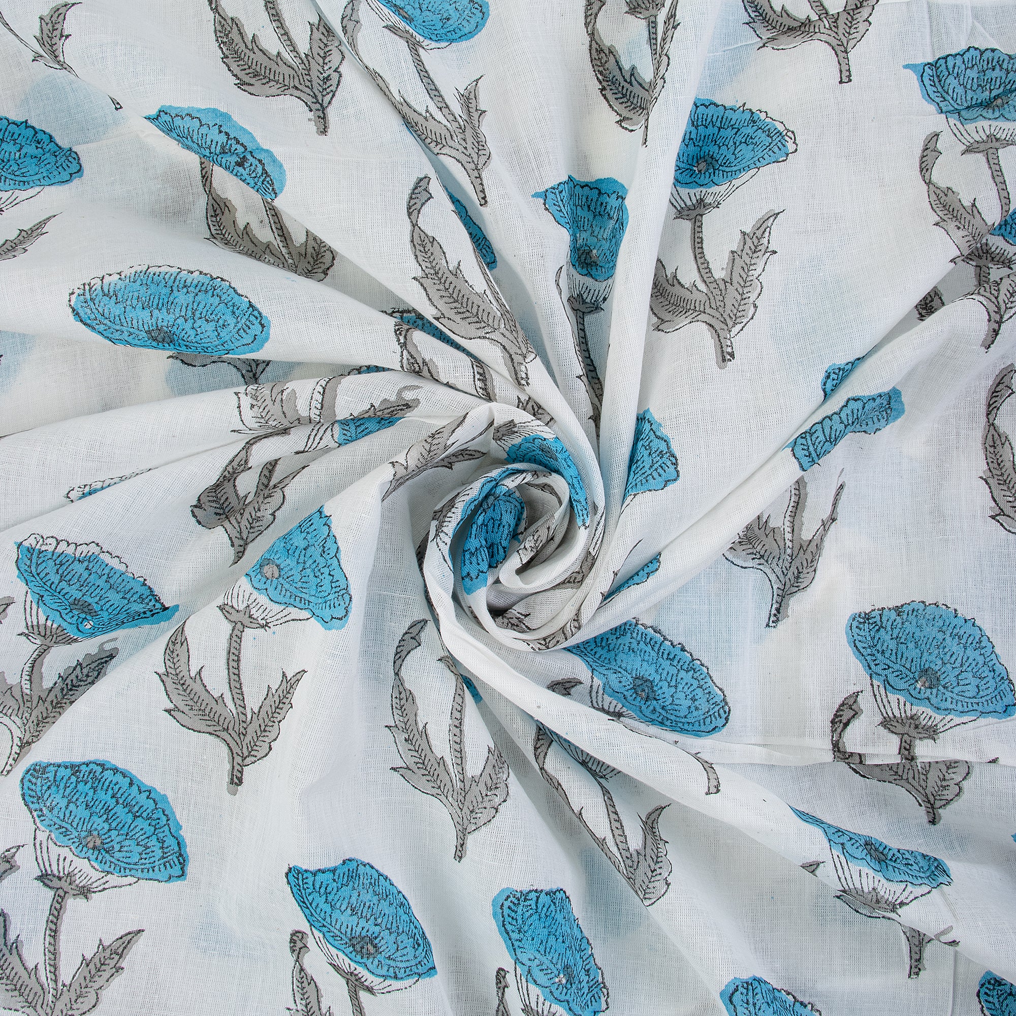Sky Blue Floral Hand Block Soft Cotton Fabric