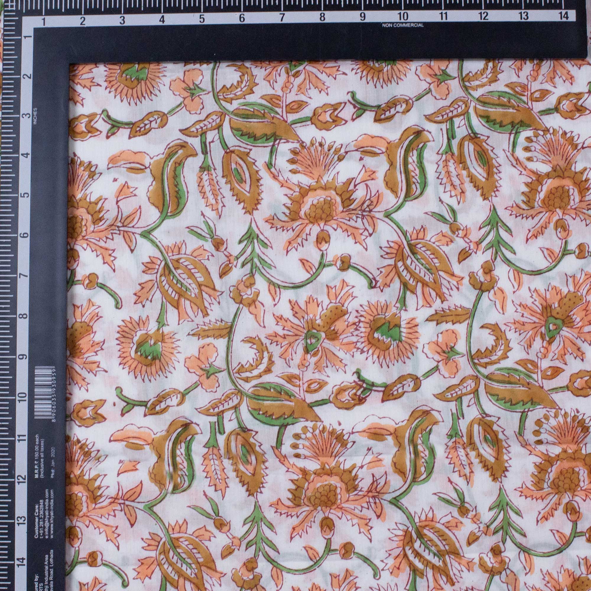 Indian Hand Block Printed Pure Cotton Orange Floral Voile Fabric