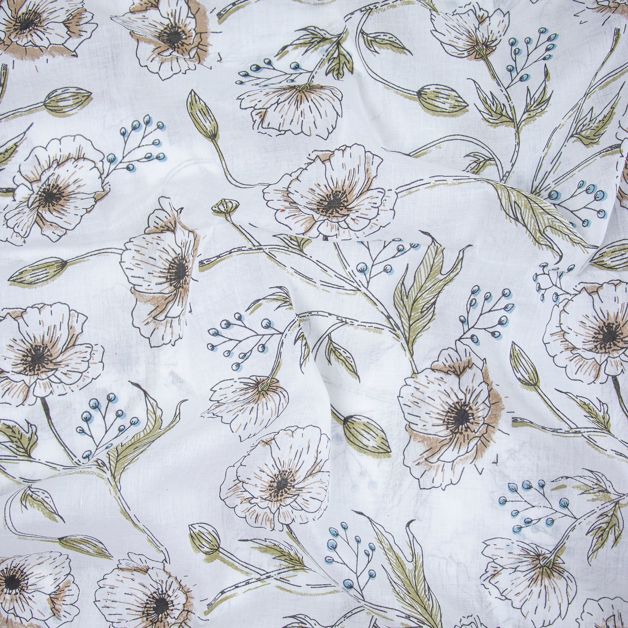 Green Floral Cotton Hand Block Print Fabric