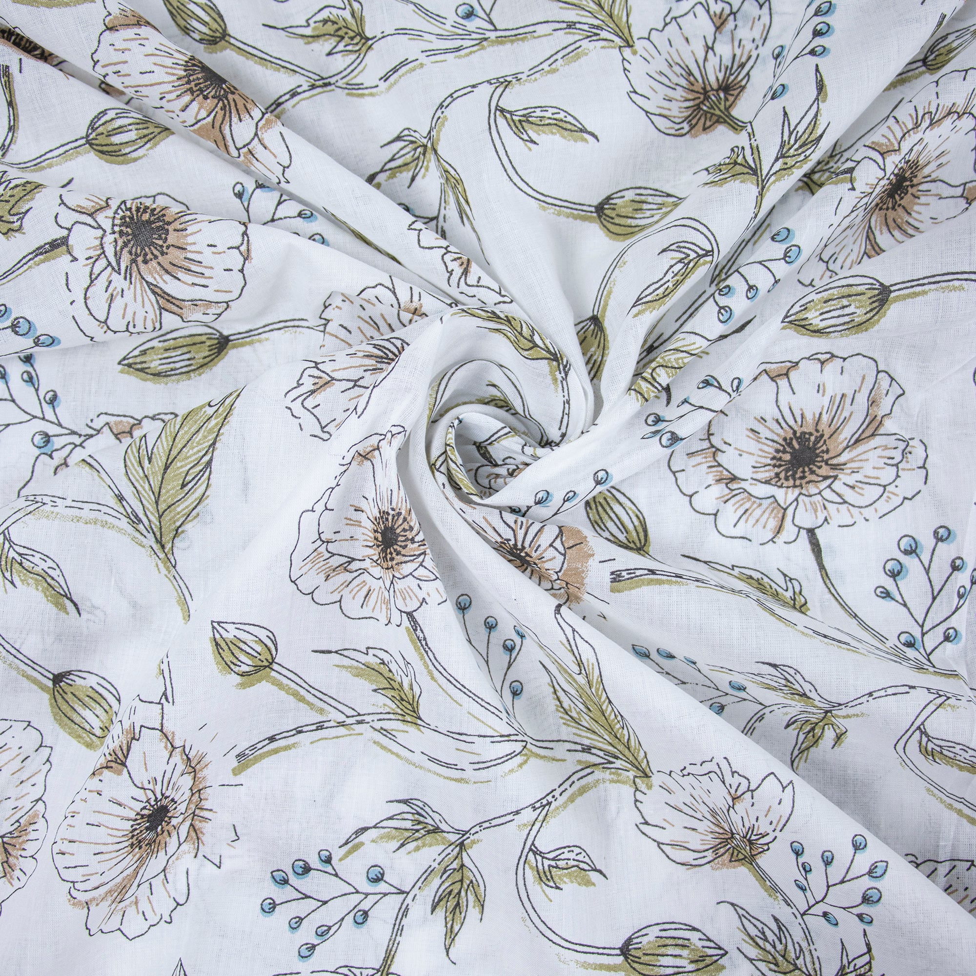 Green Floral Cotton Hand Block Print Fabric