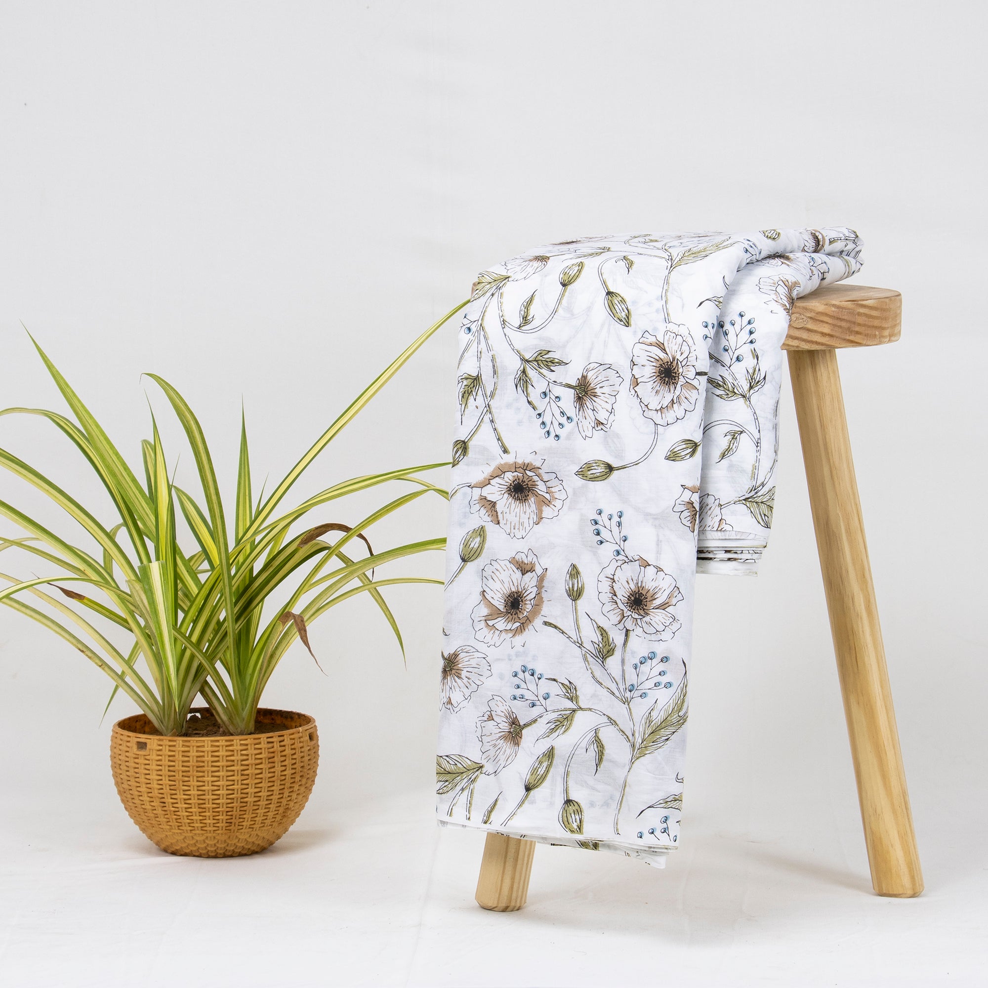 Green Floral Cotton Hand Block Print Fabric