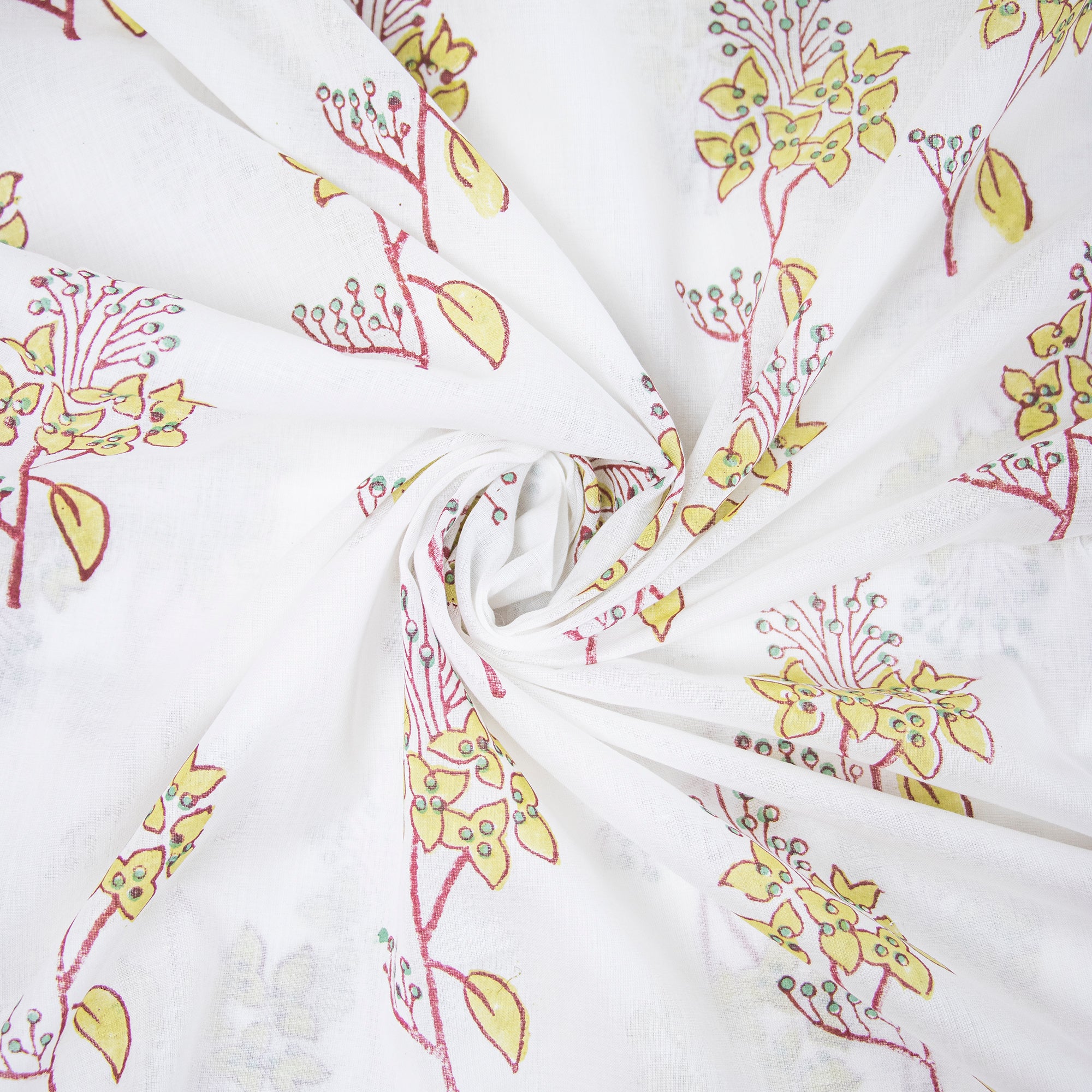 Yellow Flower Plant Cotton Hand Block Printed Fabric