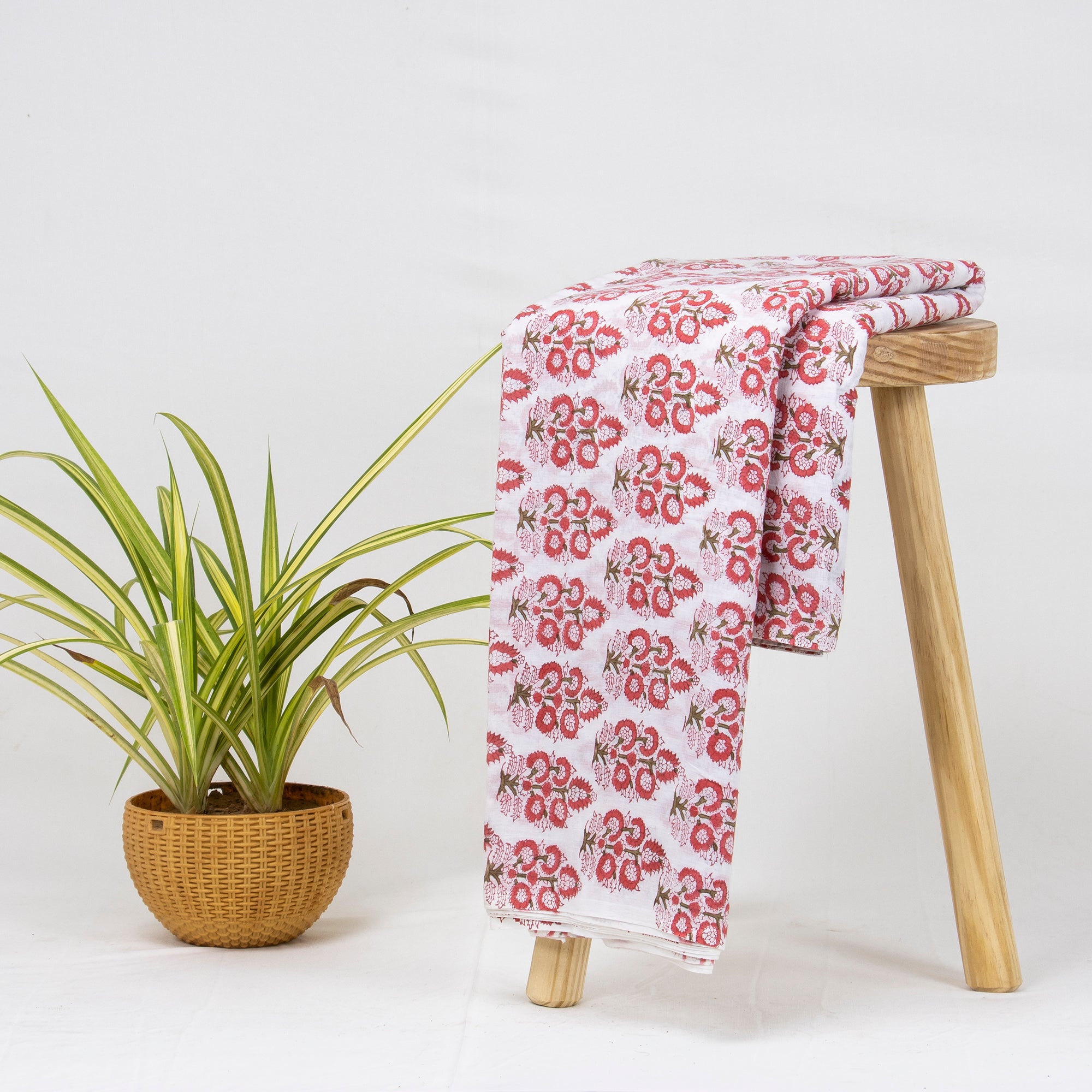 Pink Flower Plant Block Print Soft Cotton Jaipuri Fabric