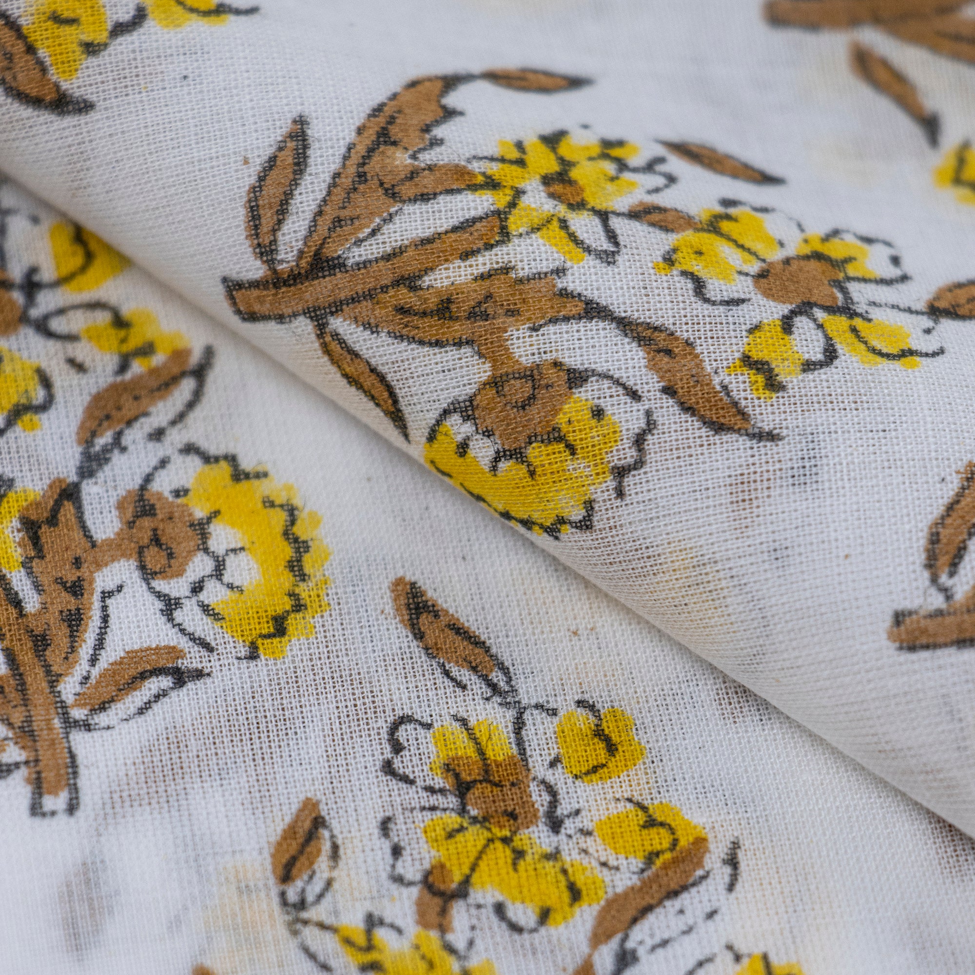 Yellow Floral Hand Block Printed Cotton Fabric