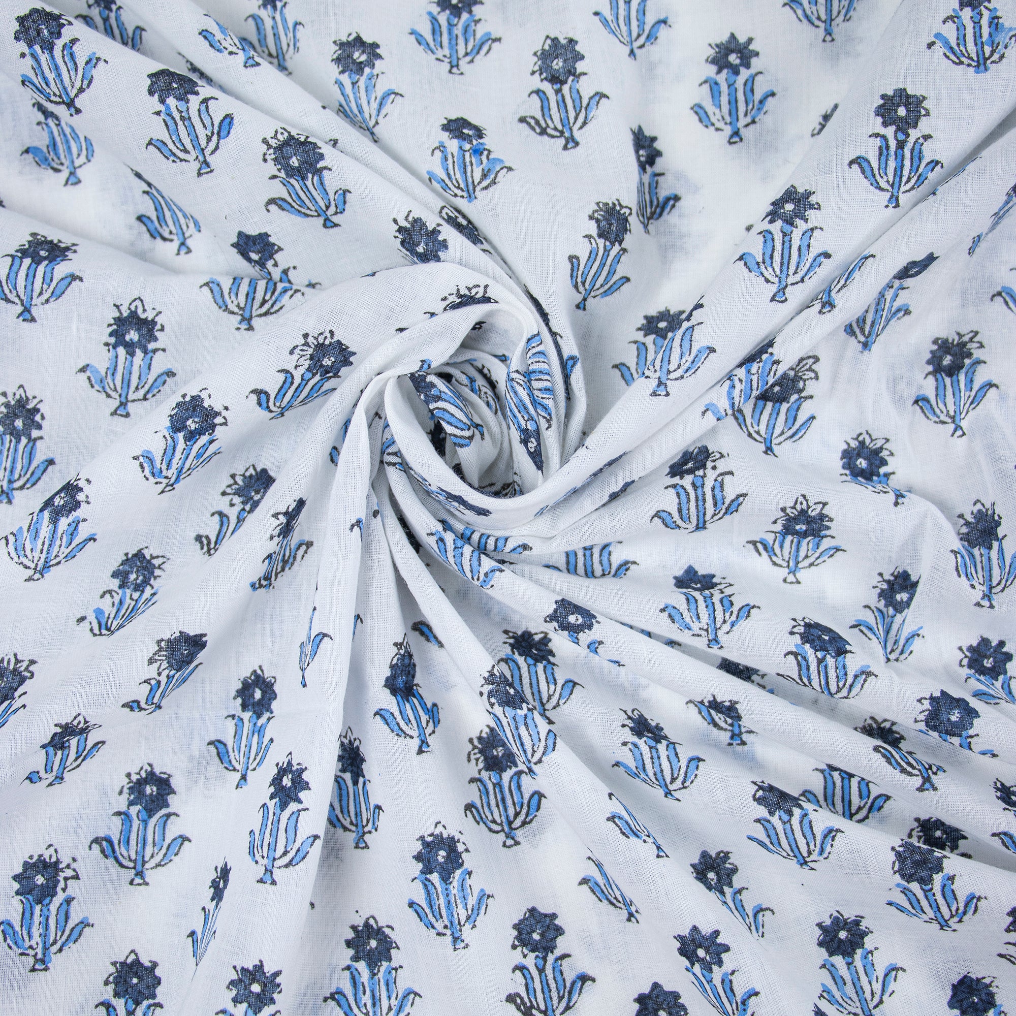 Blue Floral Block Print Jaipur Cotton Fabric