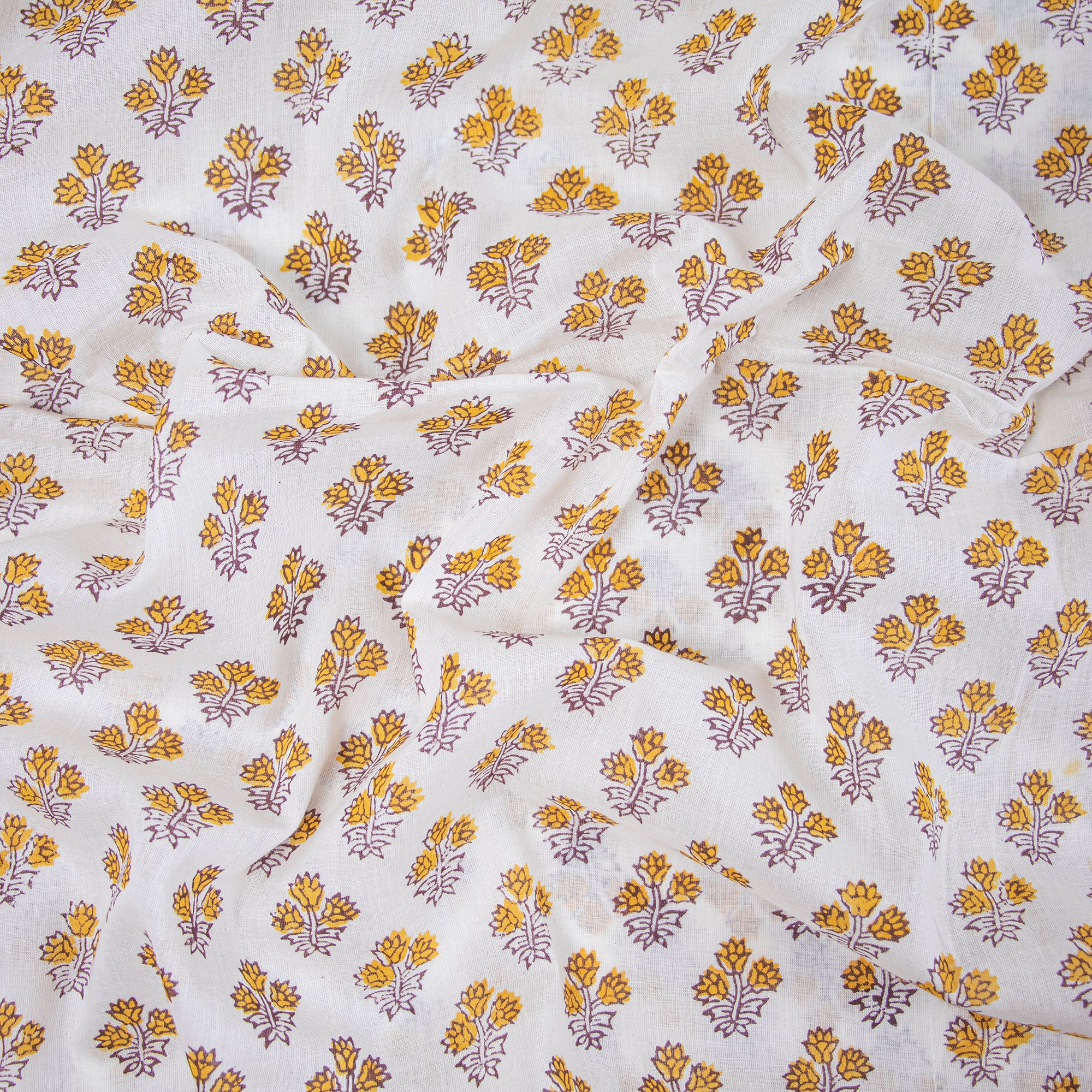 Hand Block Yellow Green Floral Print Voile Cotton Fabric