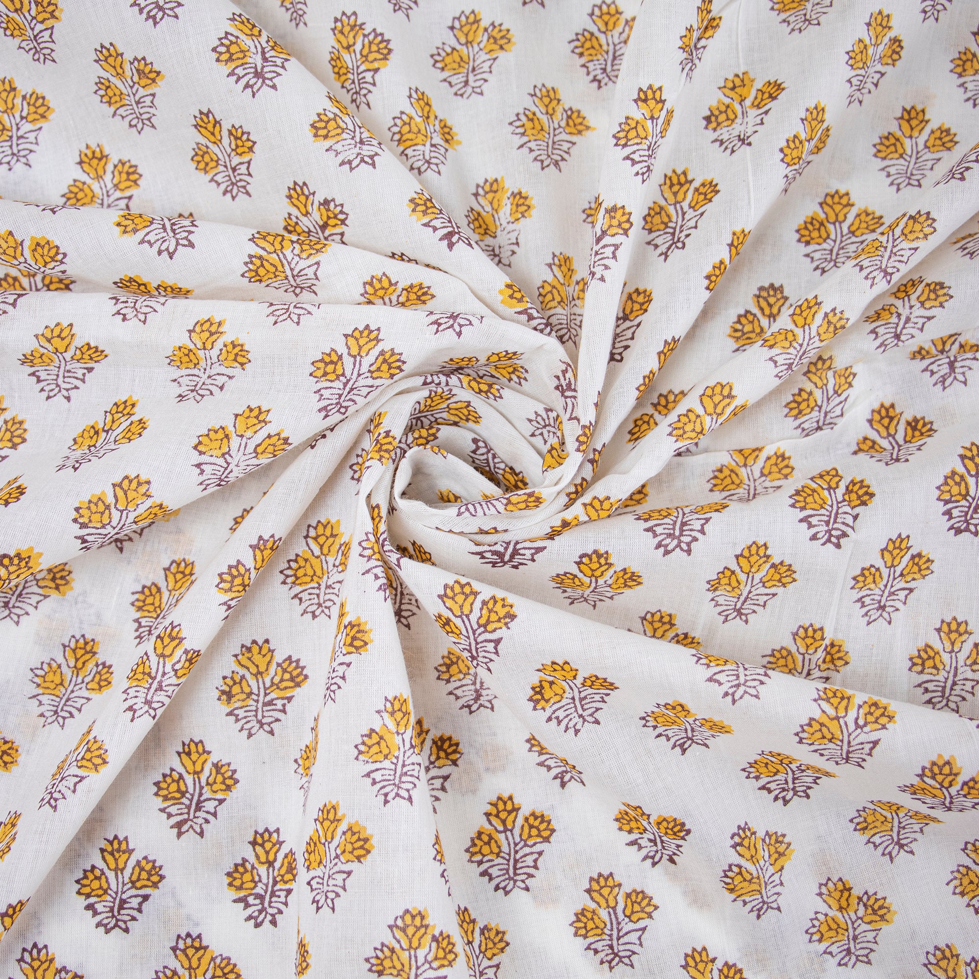Hand Block Yellow Green Floral Print Voile Cotton Fabric