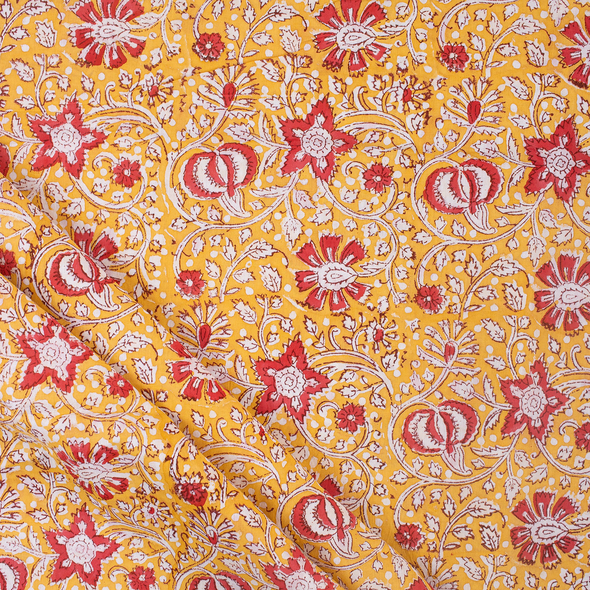 Dress Fabric - Orange Floral Hand Block Printed Fabric