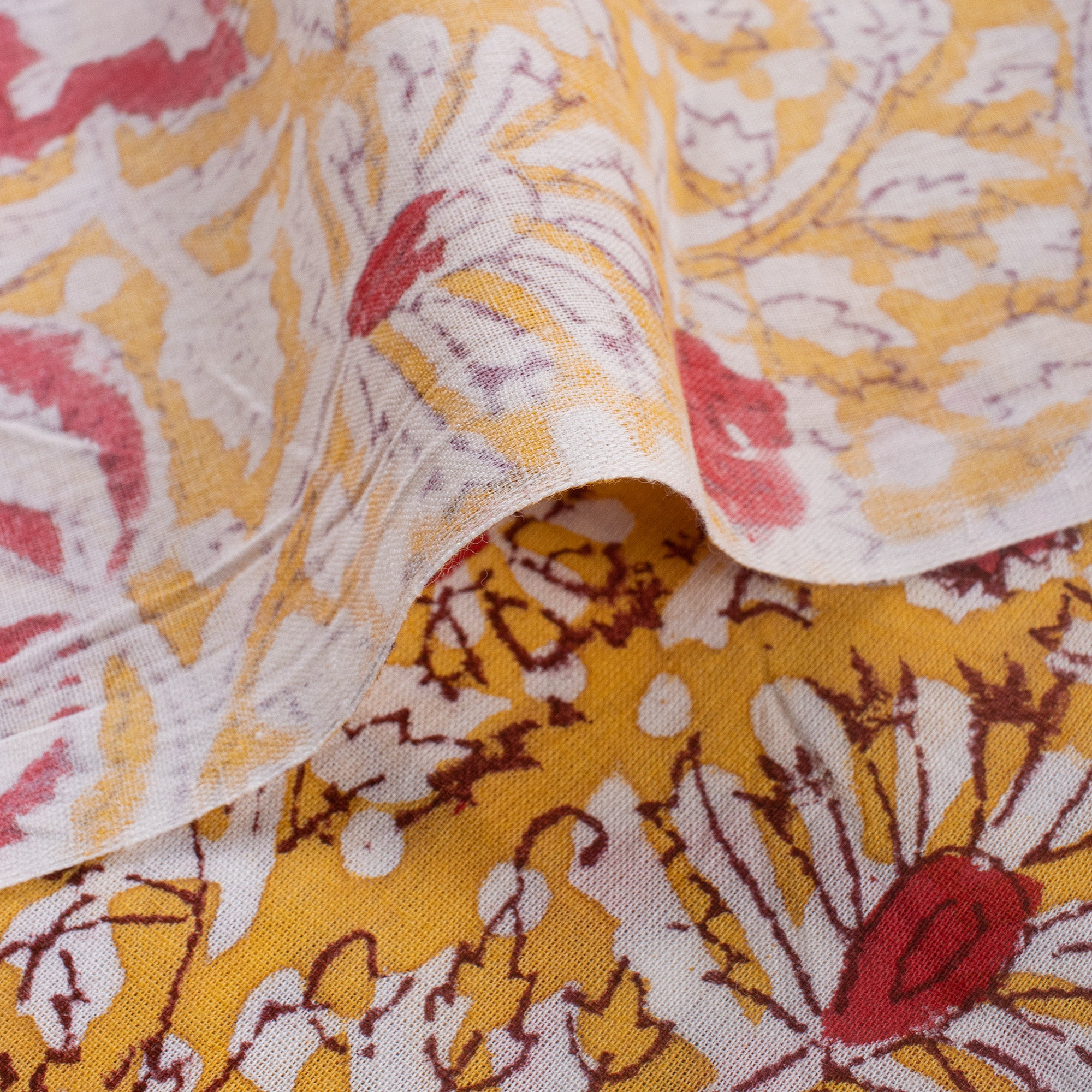 Dress Fabric - Orange Floral Hand Block Printed Fabric