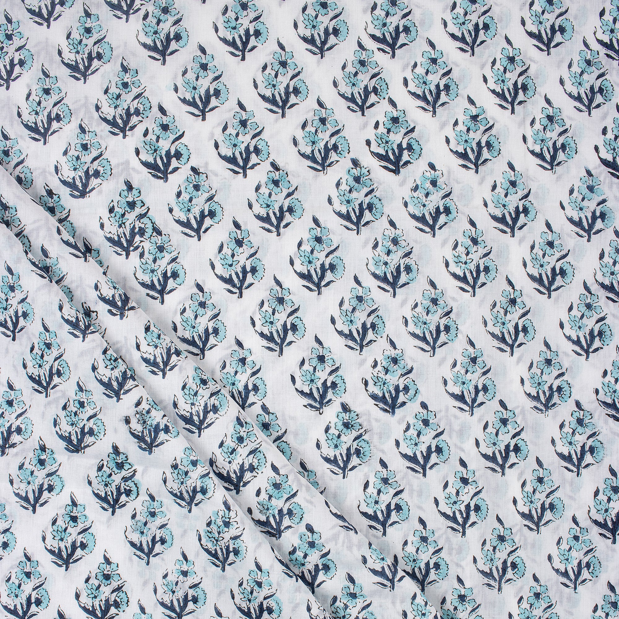 Indian Blue Floral Hand Block Printed Fabric for Dress Material