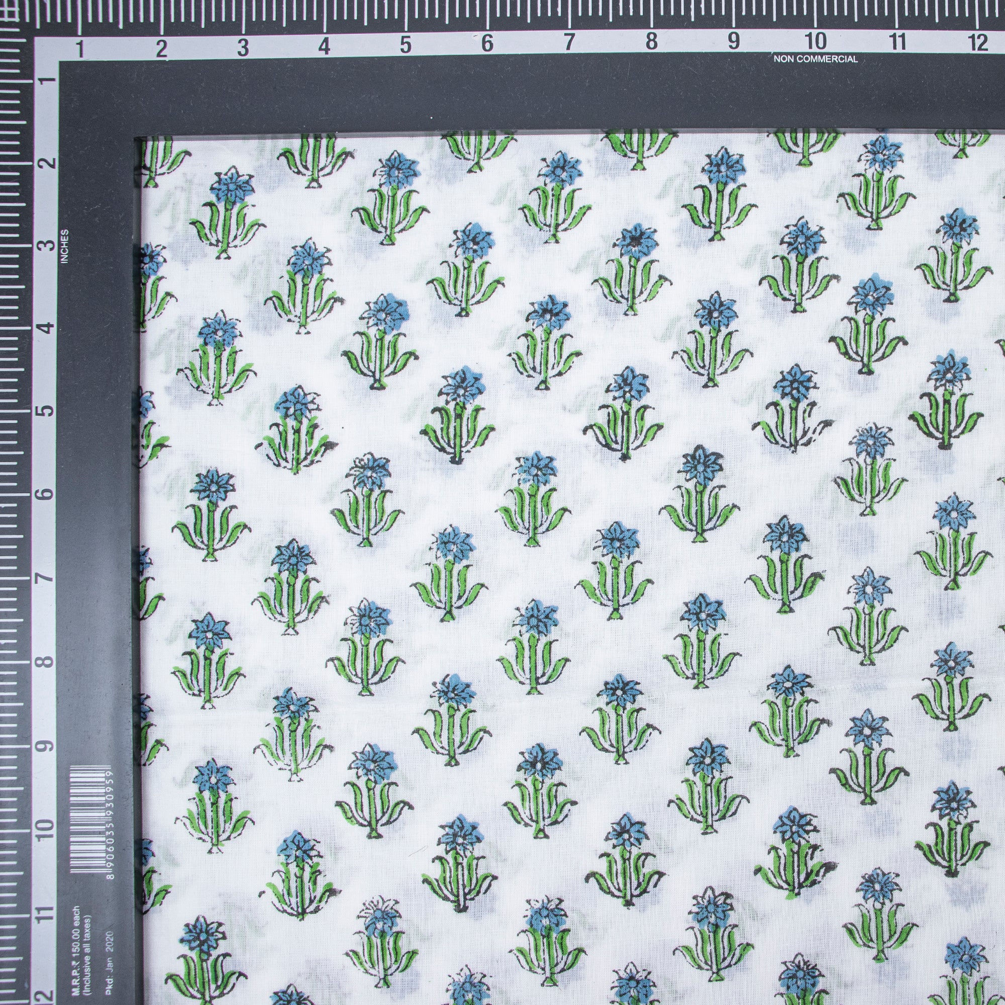 Classic Blue Buti Indian Handmade Block Print Voile Cotton Fabric for Women&