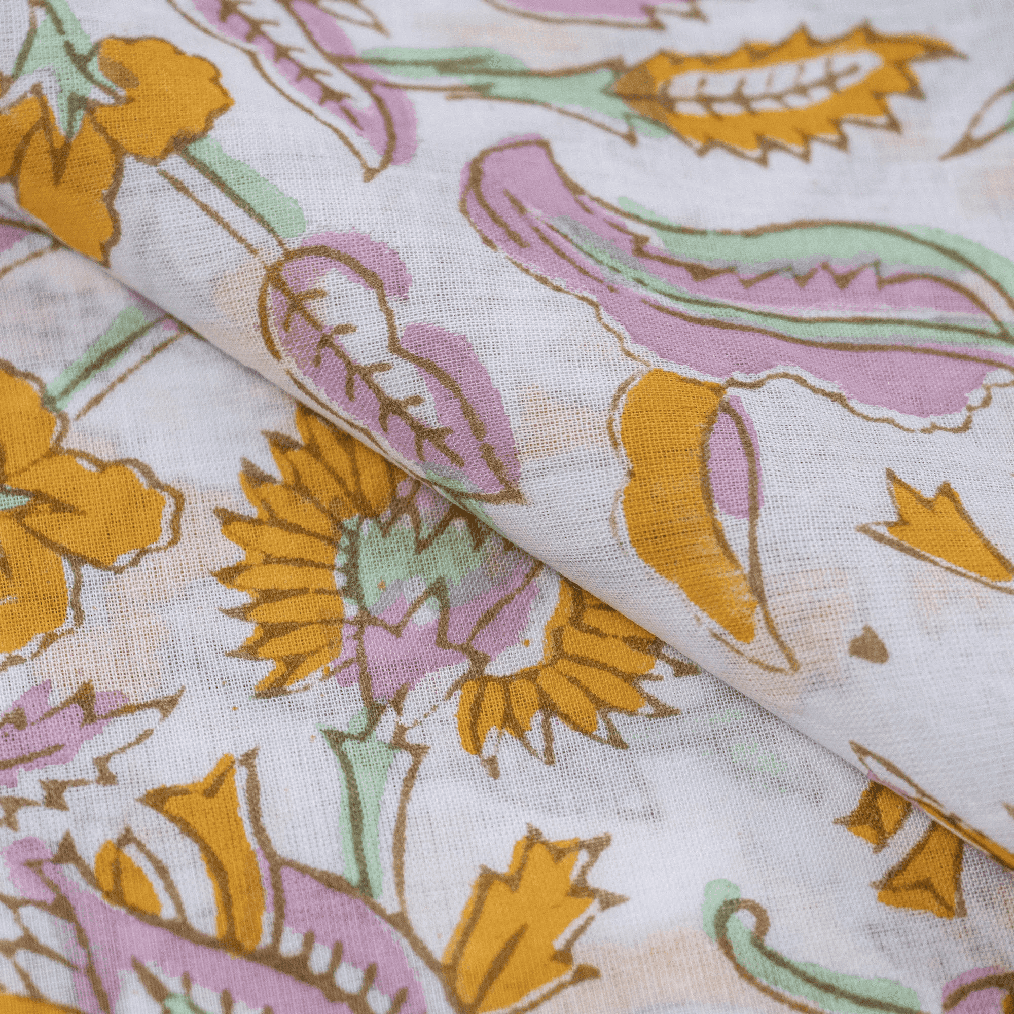 Yellow Flower Sanganeri Cotton Fabric