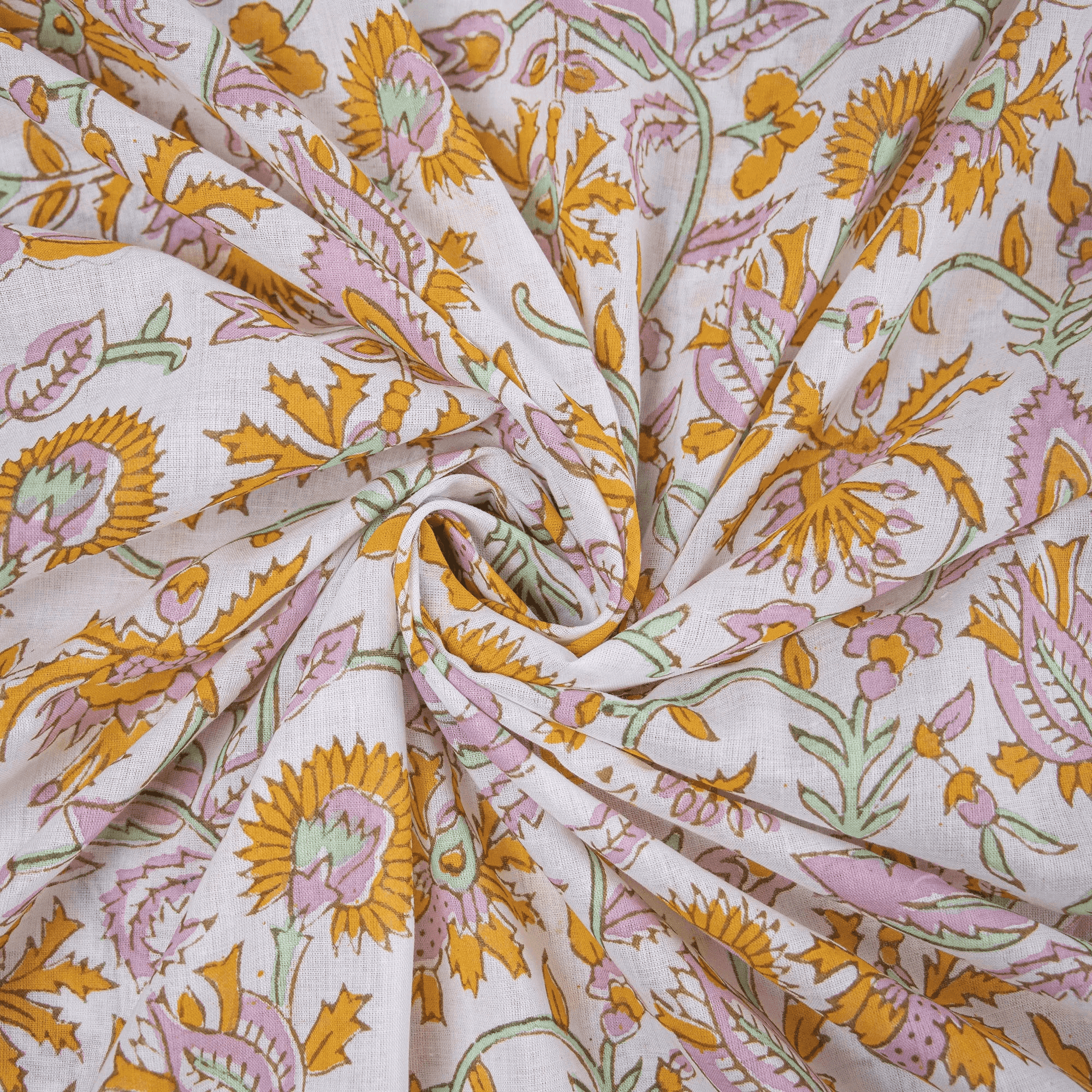 Yellow Flower Sanganeri Cotton Fabric