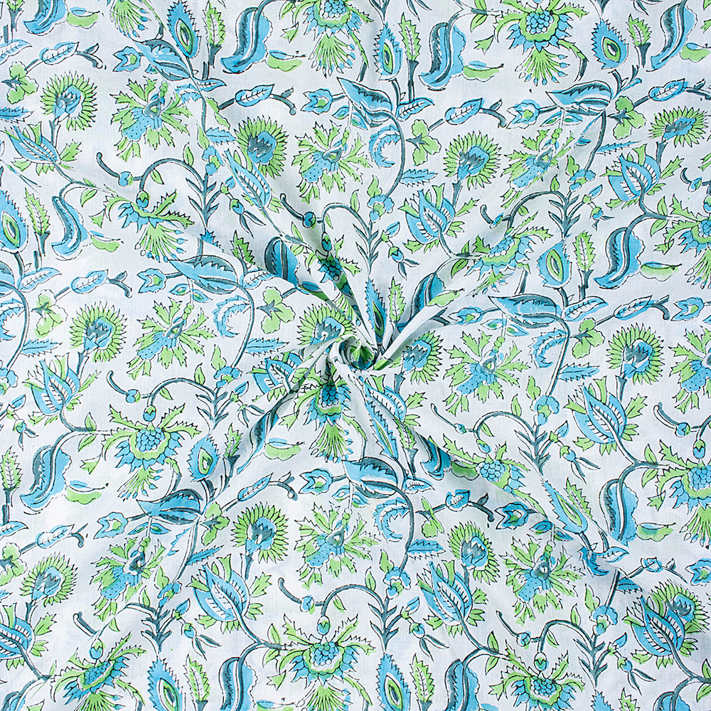 Hand Block Blue Floral Pure Cotton Indian Printed Textile Fabric