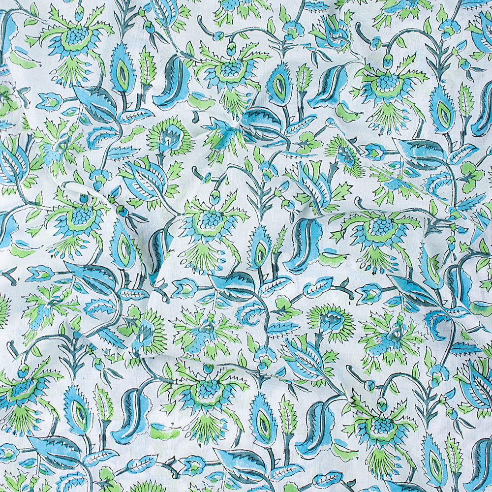 Hand Block Blue Floral Pure Cotton Indian Printed Textile Fabric