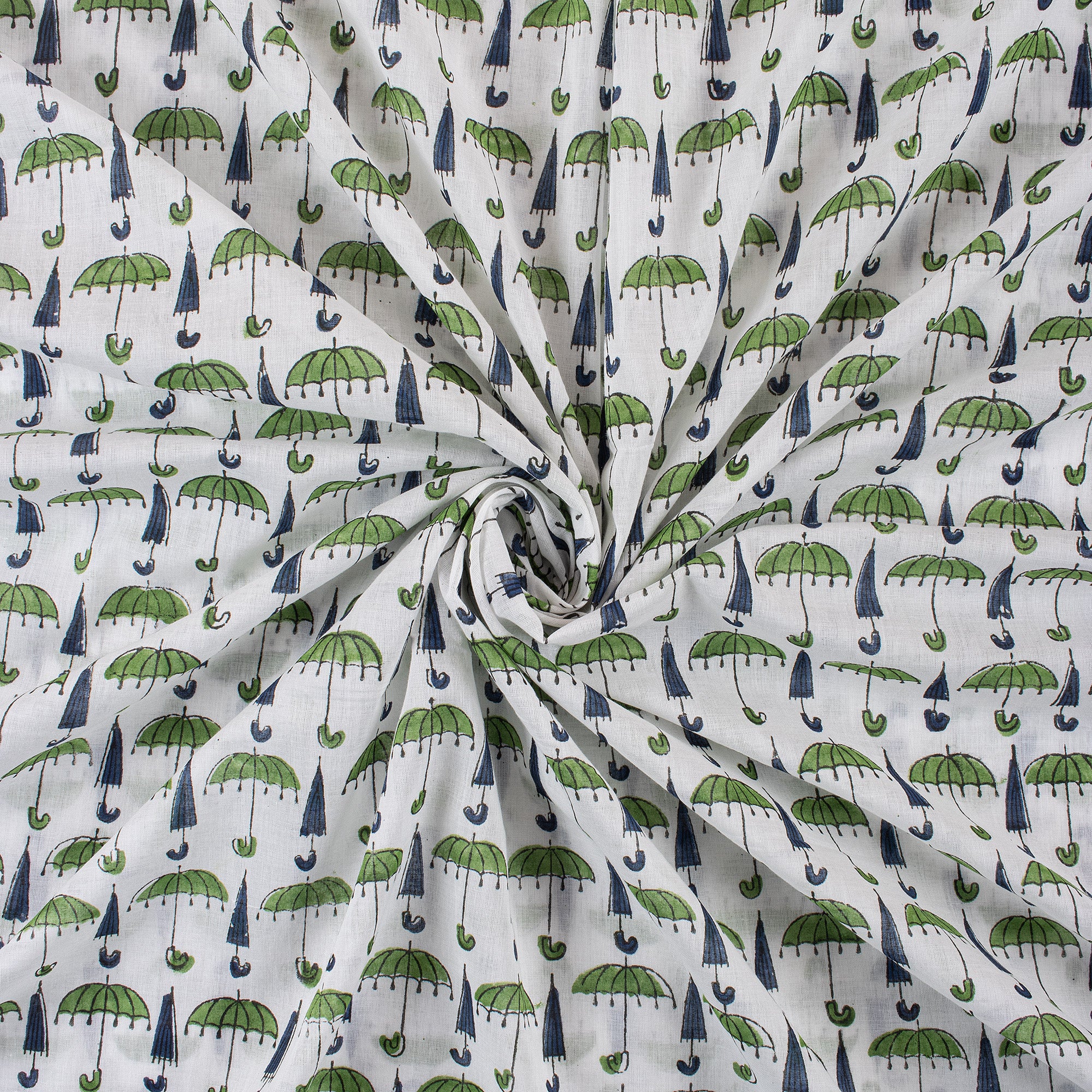 Green Umbrella Hand Block Printed Fabric