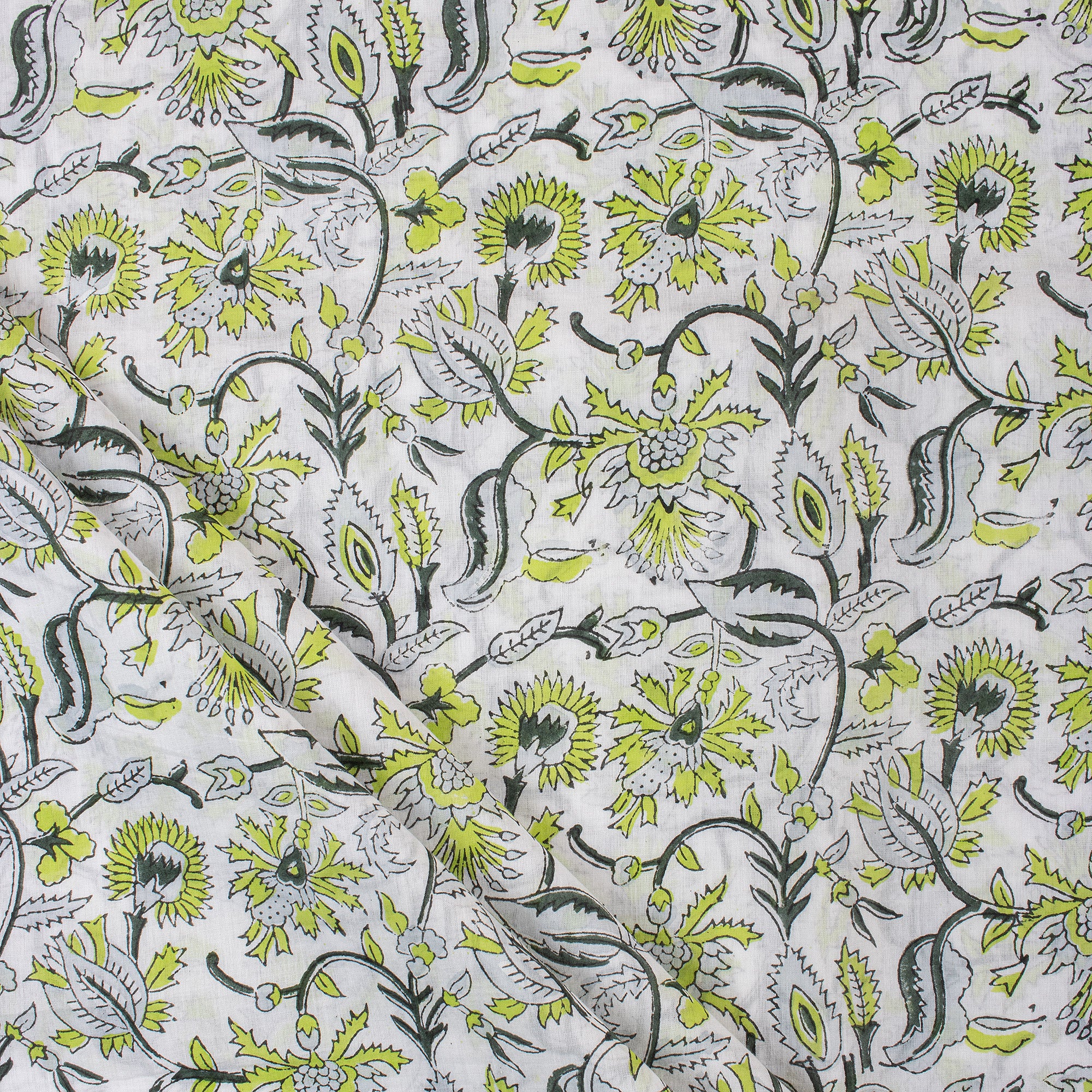 Green Floral Hand Block Printed Cotton Fabric