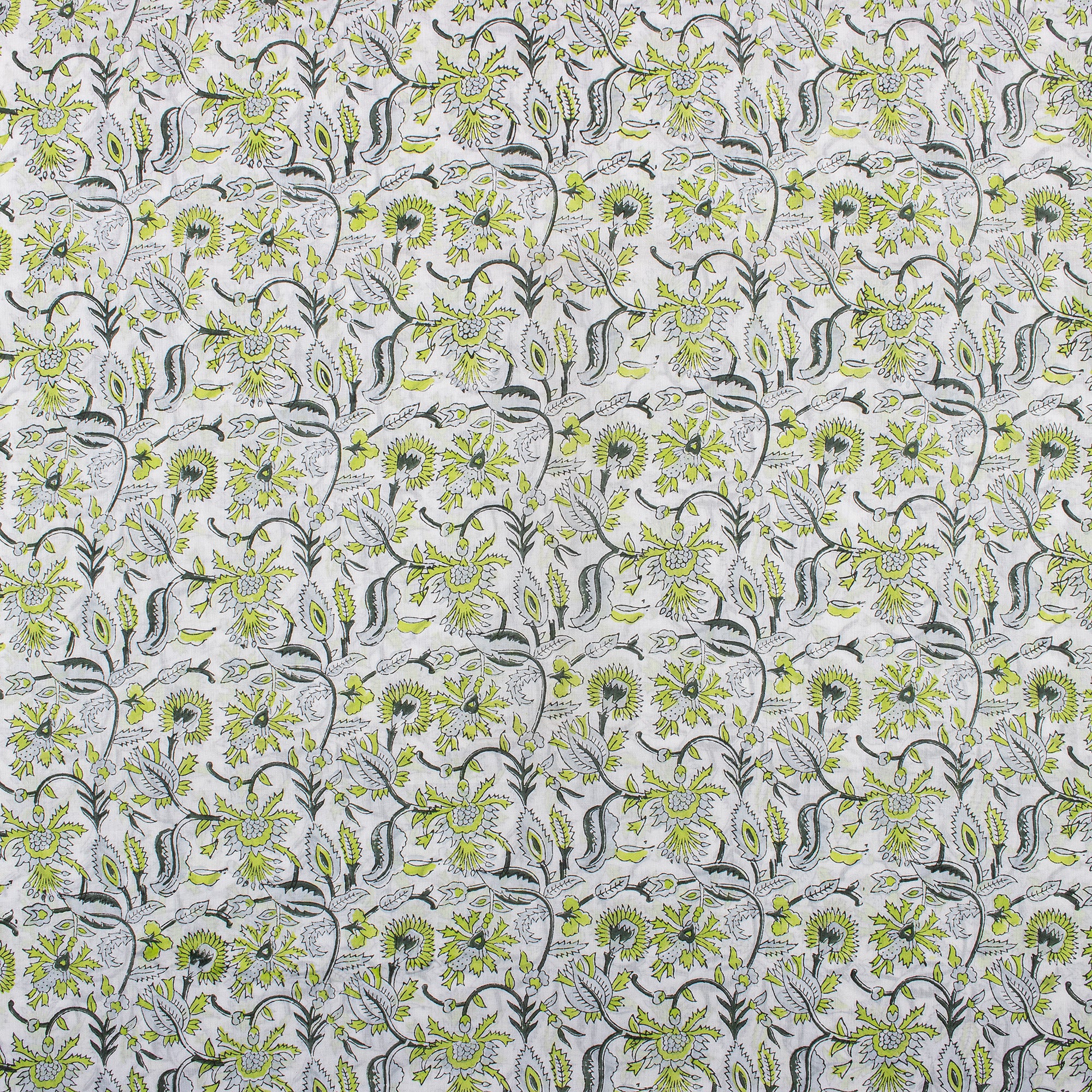 Green Floral Hand Block Printed Cotton Fabric