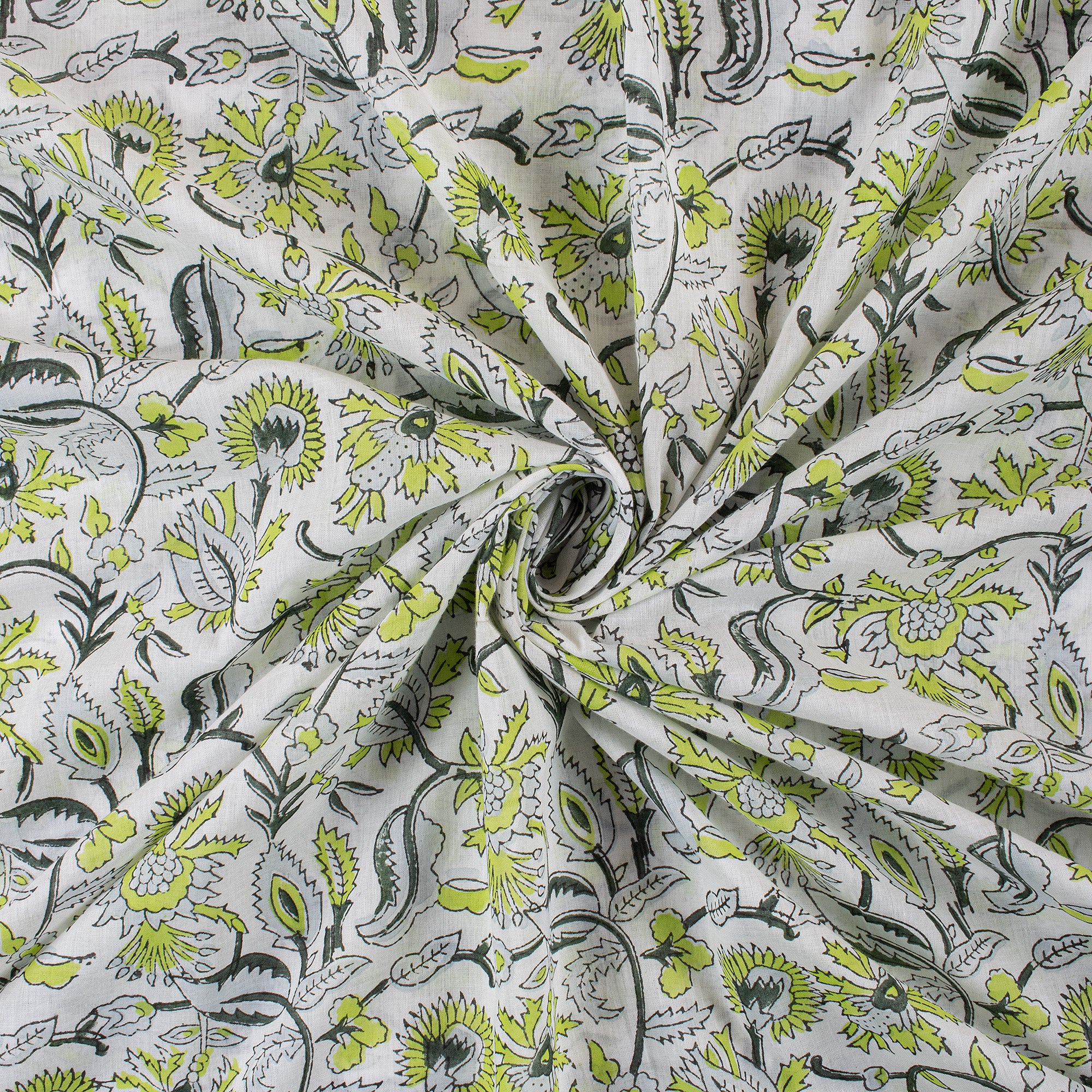 Green Floral Hand Block Printed Cotton Fabric