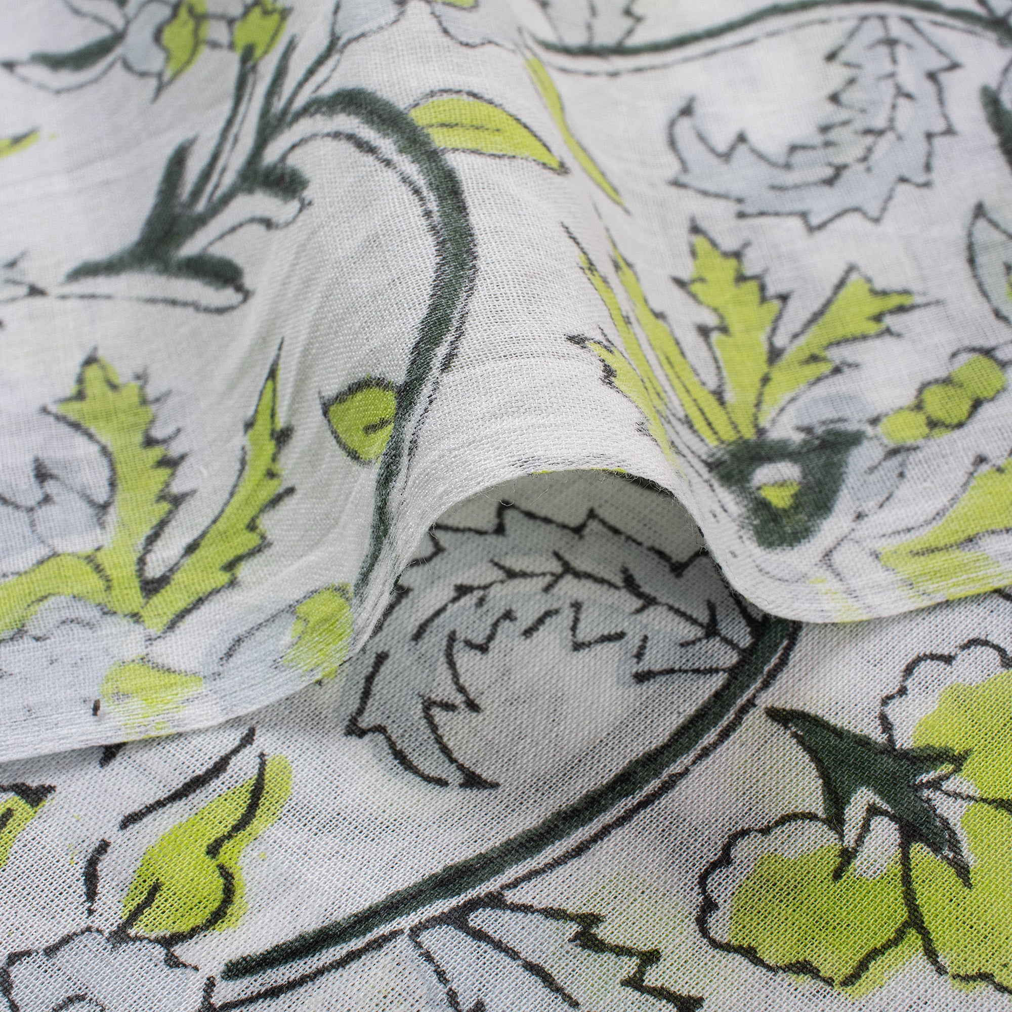 Green Floral Hand Block Printed Cotton Fabric