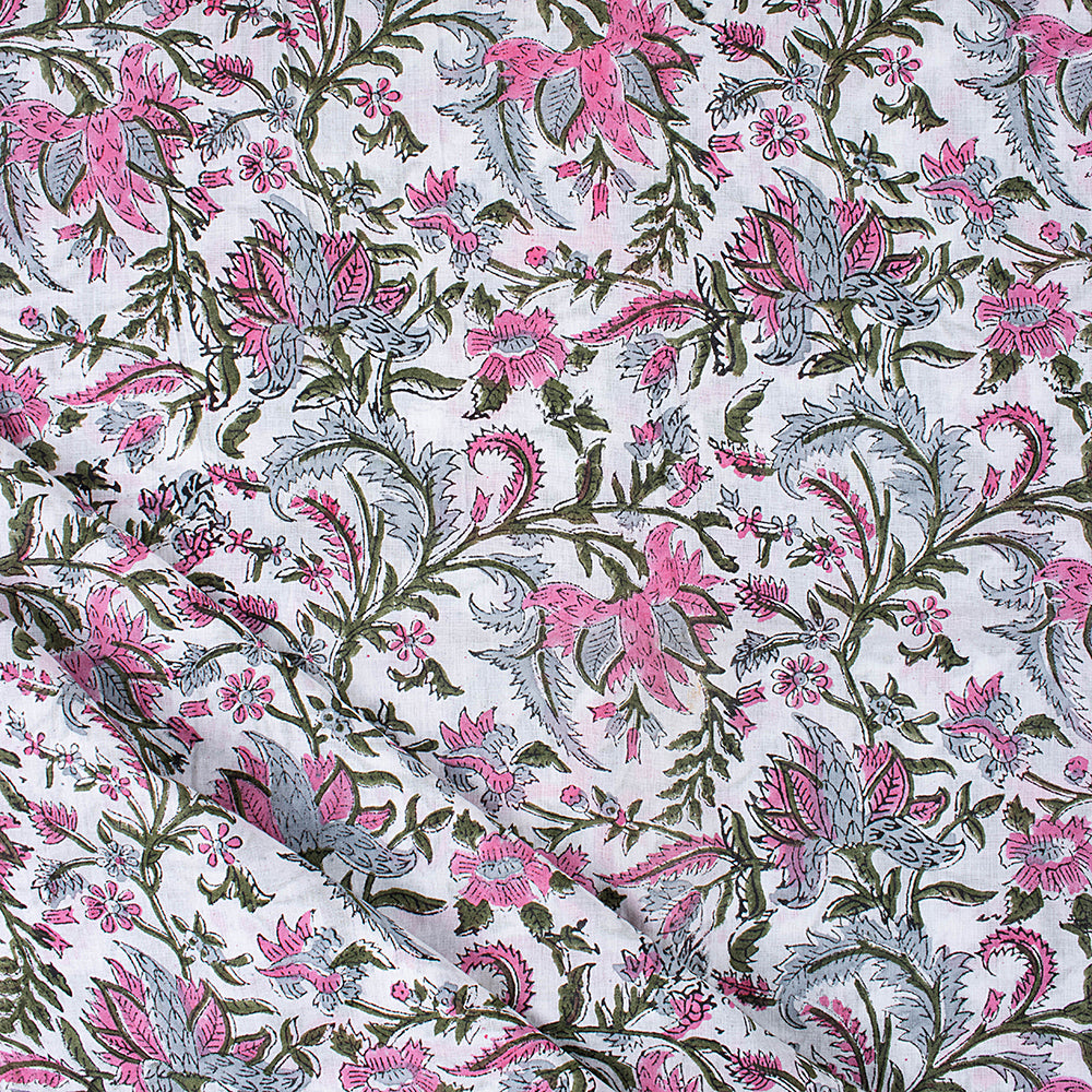 Pink Hand Dyed Floral Print Silk Cotton Fabric