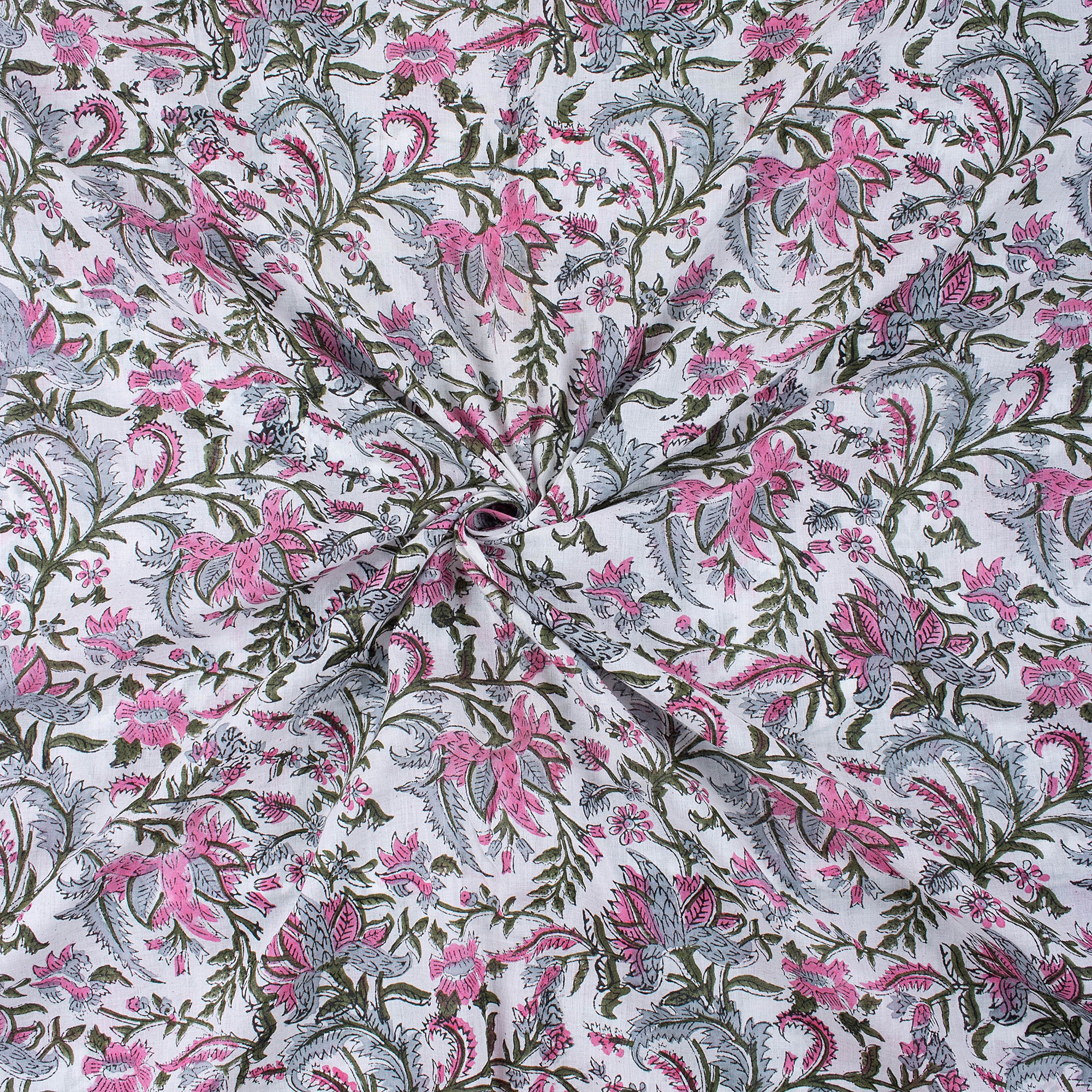 Pink Hand Dyed Floral Print Silk Cotton Fabric