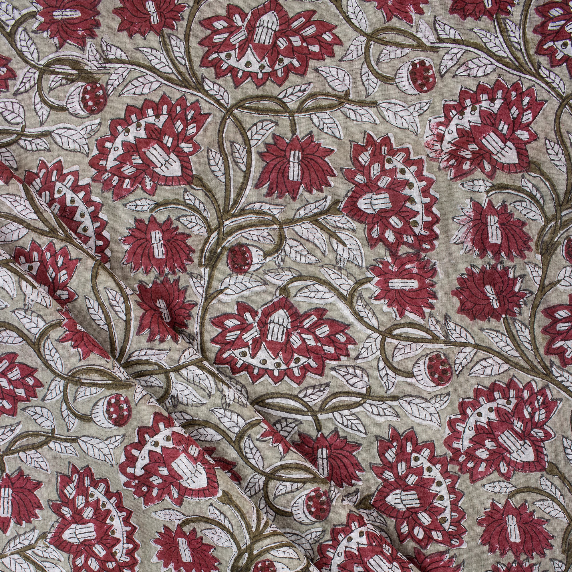Red Floral Handmade Block Printed Fabric - Dress Material