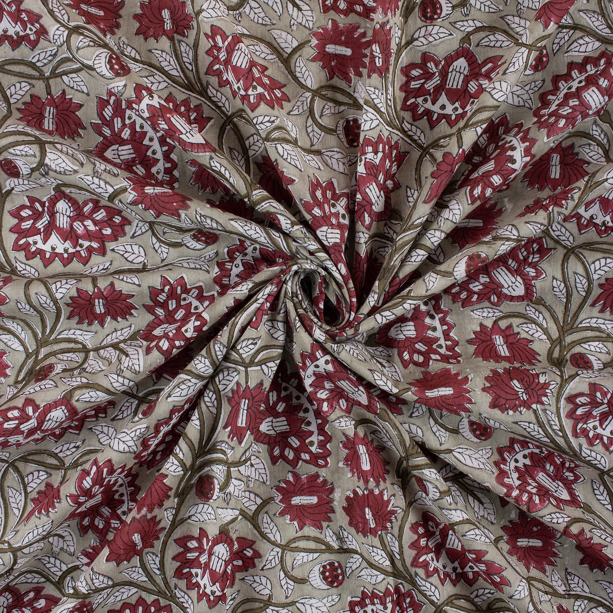 Red Floral Handmade Block Printed Fabric - Dress Material