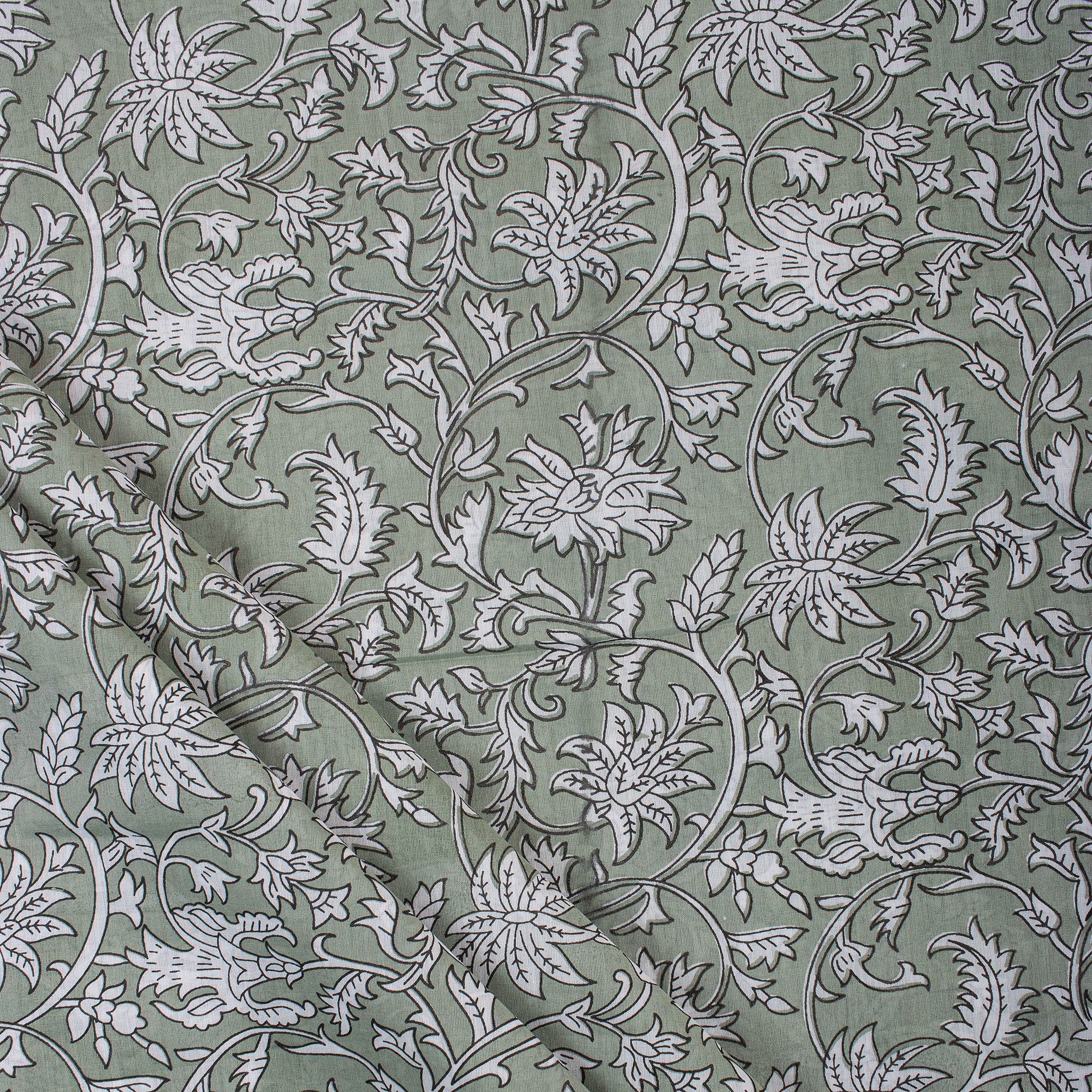 Olive Green Floral Hand Block Printed Pure Cotton Fabric
