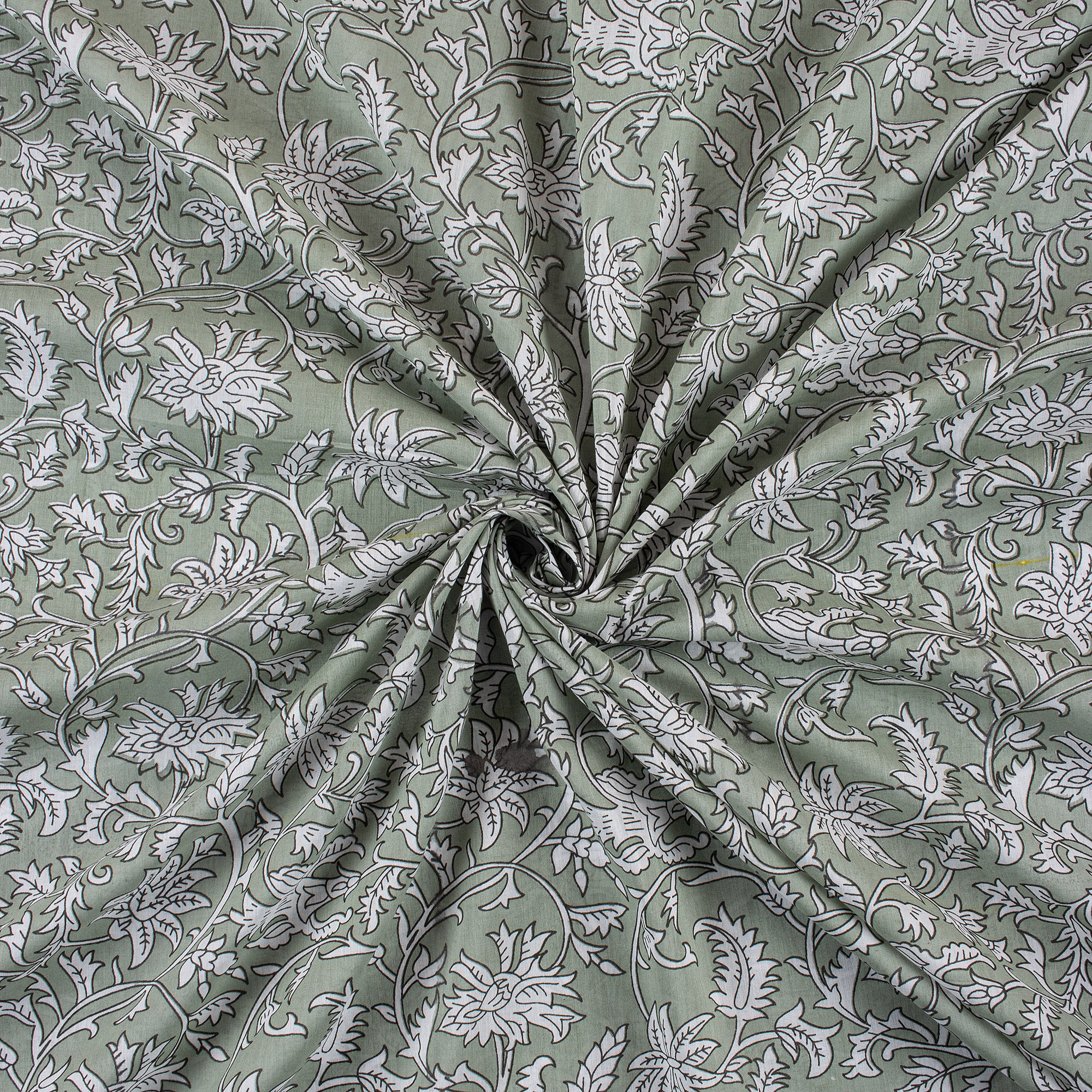 Olive Green Floral Hand Block Printed Pure Cotton Fabric
