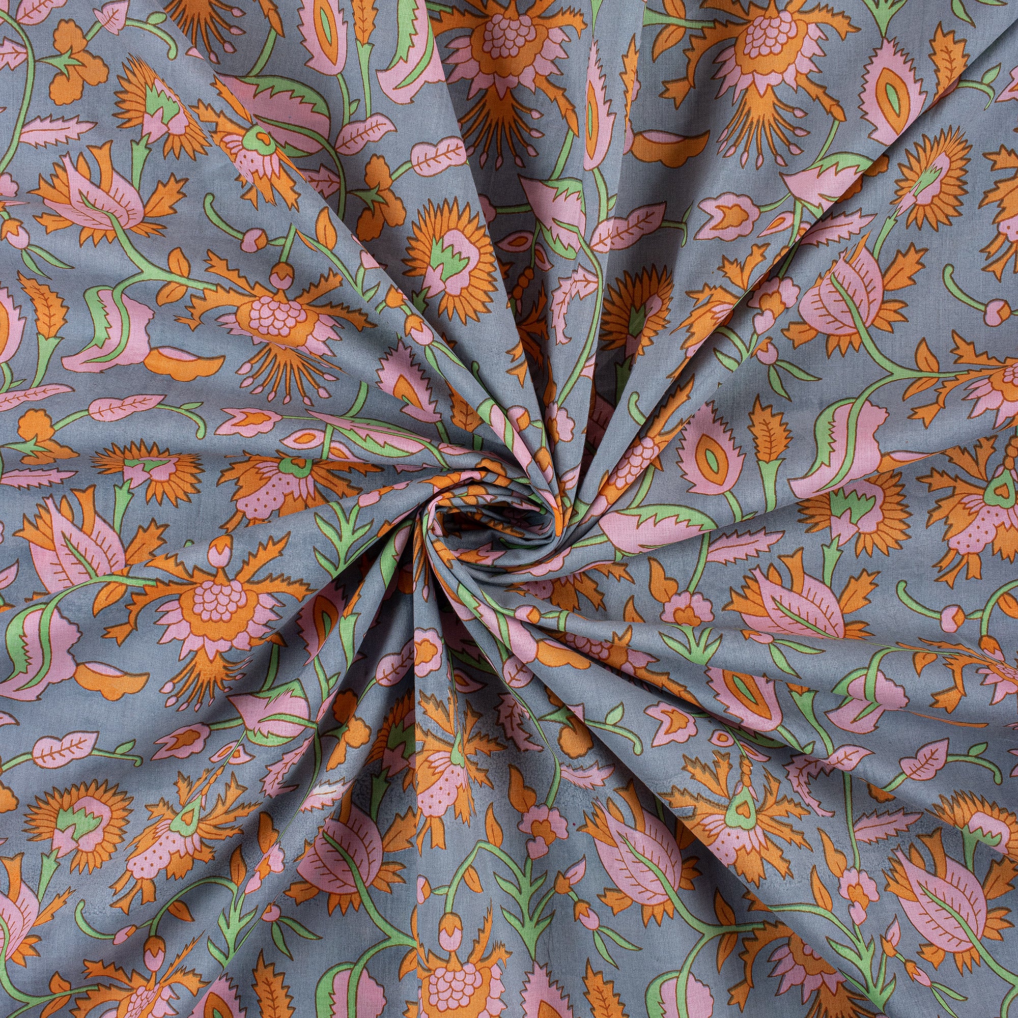 Orange Floral Hand Block Printed Fabric for Daily Wear